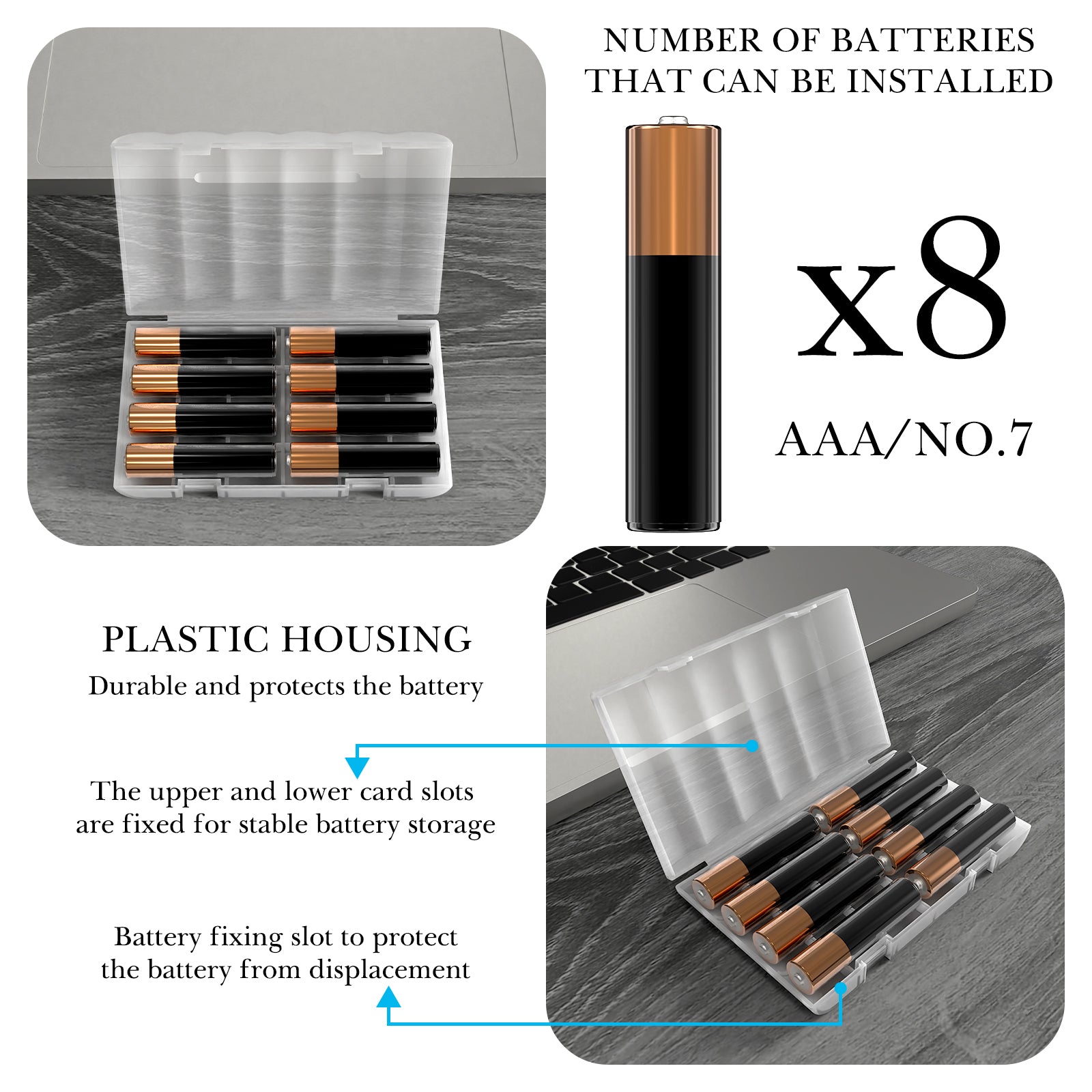 Linkidea 4 Pack AAA Battery Organizer Box, Waterproof Portable Travel Case, Holds 8 AAA Batteries Storage for Home & Travel Accessories (Clear)