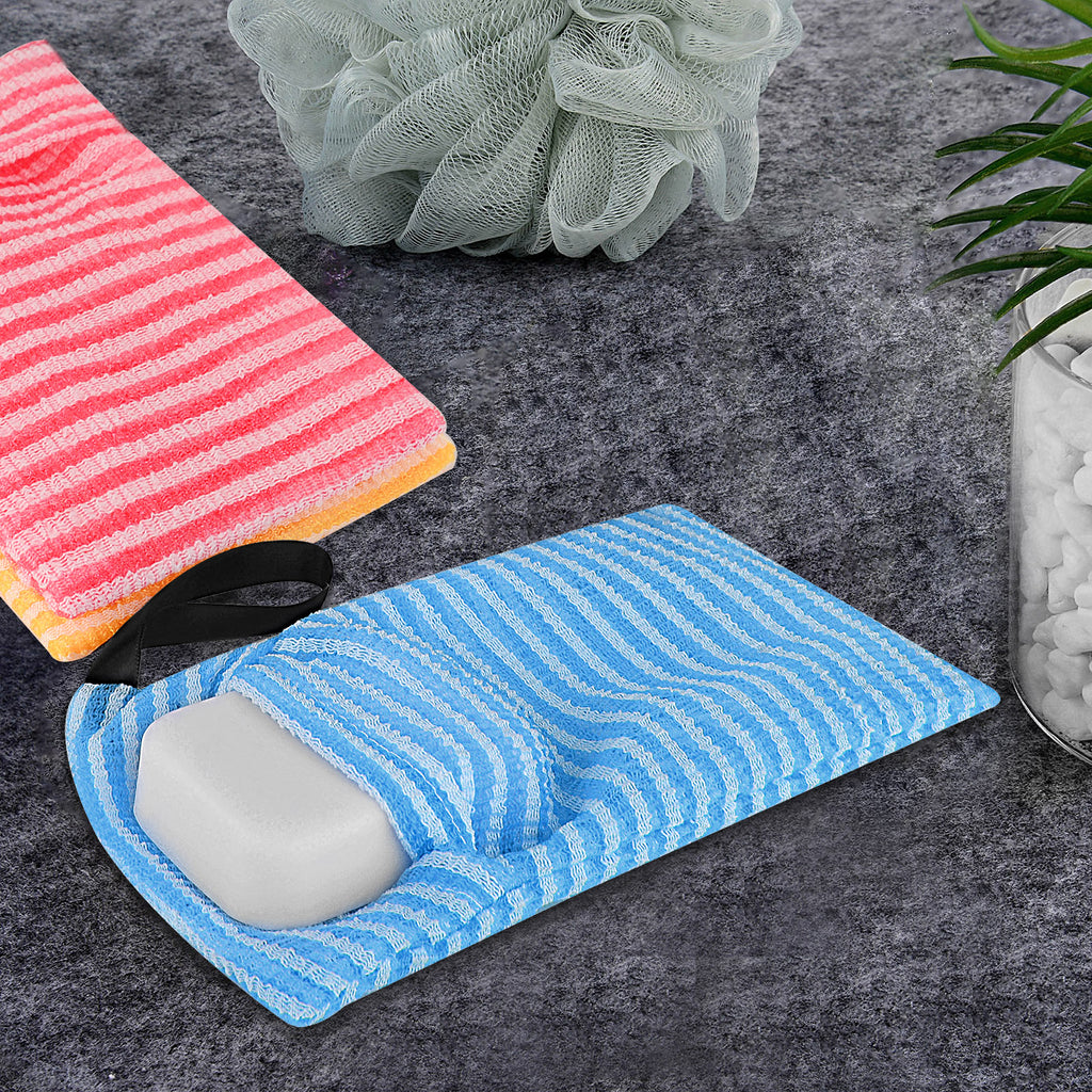 Linkidea 3 Pack Stripes Mesh Body Scrubber Soap Bags, Portable Exfoliating Sponge with Lanyard, Quick Draining Skin Care Pouch, Multifunction Bath Accessories Fits Travel, Home Use