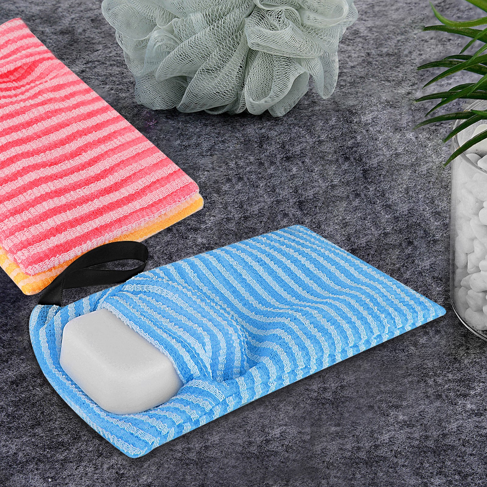 Linkidea 3 Pack Stripes Mesh Body Scrubber Soap Bags, Portable Exfoliating Sponge with Lanyard, Quick Draining Skin Care Pouch, Multifunction Bath Accessories Fits Travel, Home Use