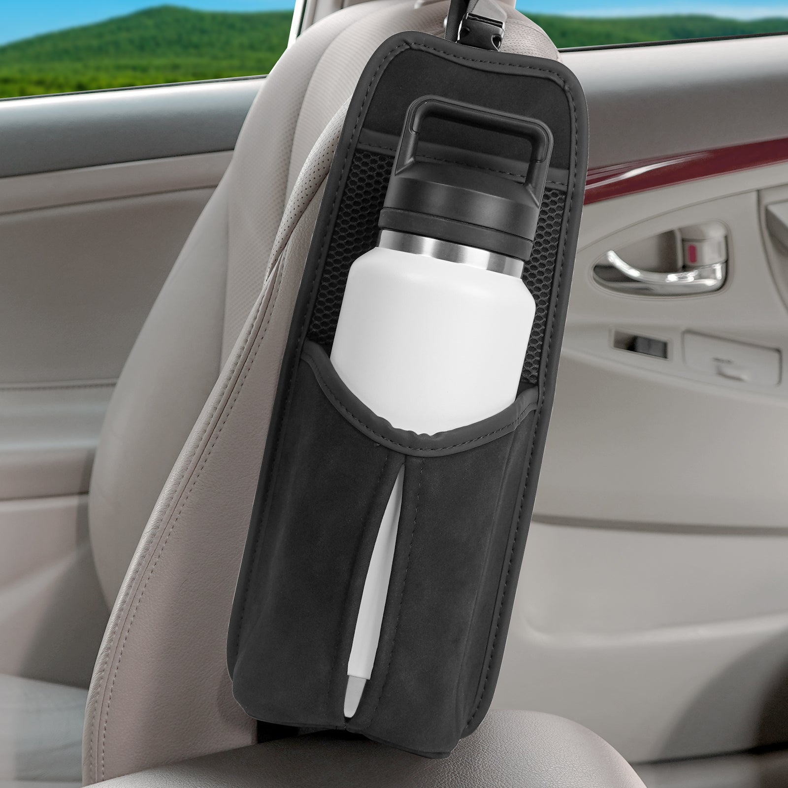 Linkidea Car Seat Side Large Water Bottle Holder Compatible with Owala FreeSip 24oz/32oz, Yeti Rambler 26oz/36oz, Auto Seat Large Car Bottle Hanging Storage Organizer with Mesh Pocket, Black