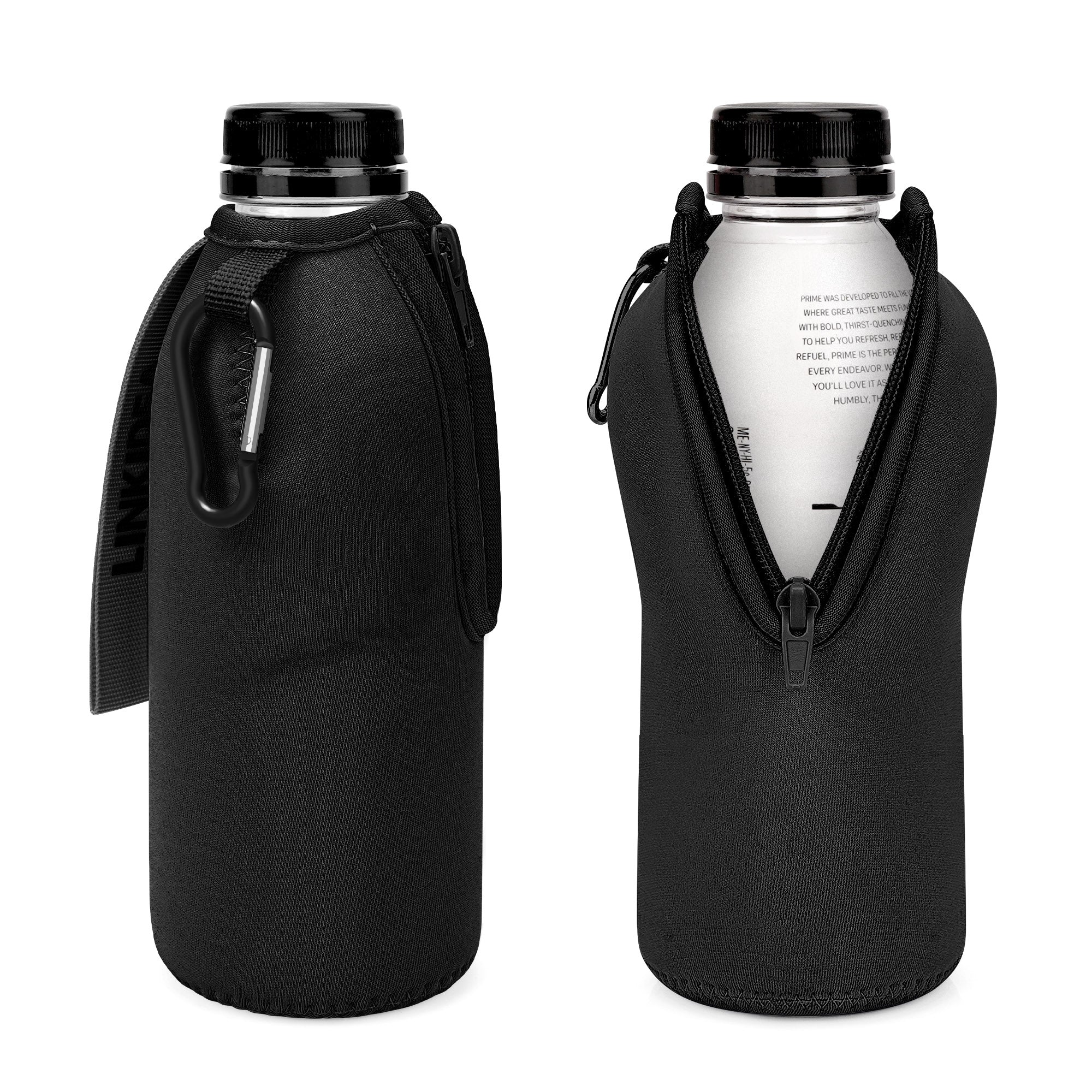 Linkidea 2 Pack Disposable Water Bottle Sleeve Compatible with 16.9 Fl Oz PRIME Hydration, BODYARMOR, Gatorade Fit, Insulated Neoprene Plastic Sports Drink Cover with Lockable Zipper, Black