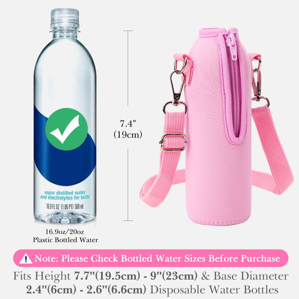 Linkidea Disposable Water Bottle Carrier with Strap Compatible with Smartwater 16.9/20Fl Oz, Insulated Neoprene Plastic Bottled Water Cover Holder with Clip for Backpack (Pink)