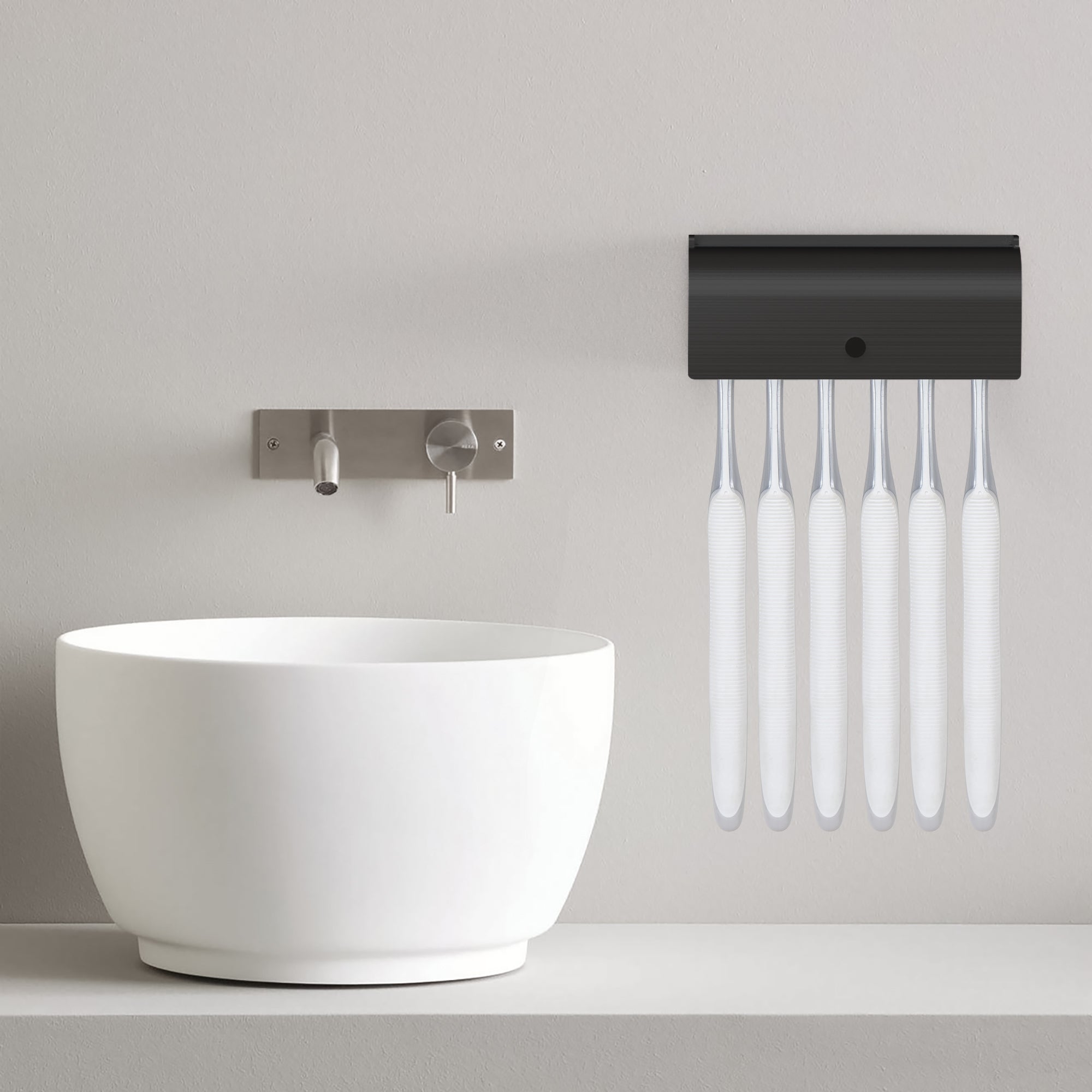 Linkidea Wall Mount Toothbrush Holder for Shower, Stainless Steel Adhesive Hanger, 6 Slots Organizer Compatible with Colgate Extra Clean, Oral-B CrossAction (Black)
