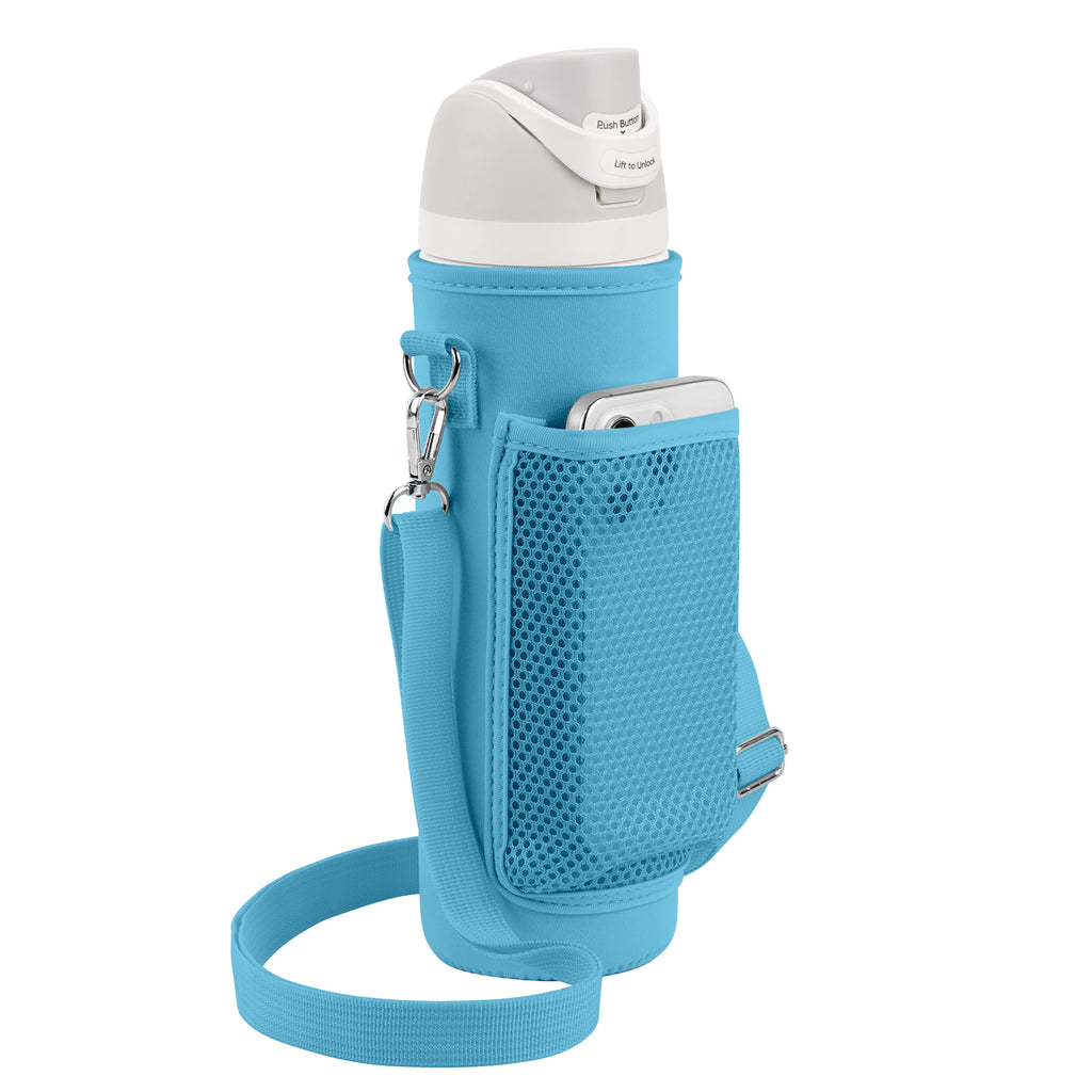Linkidea Water Bottle Carrier with Shoulder Strap Compatible with Owala FreeSip Bottle 24oz, Waterbottle Sling Bag Holder with Mesh Phone Pocket, Blue