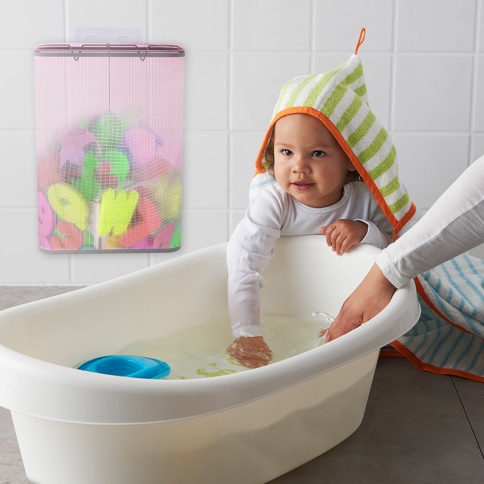 Linkidea 2 Pack Mesh Hanging Bath Toy Storage Organizer, Bathtub Basket with Adhesive Hooks, Wall Mount Shower Caddy Holder for Kids Bathroom Toys, Toiletries, Pink