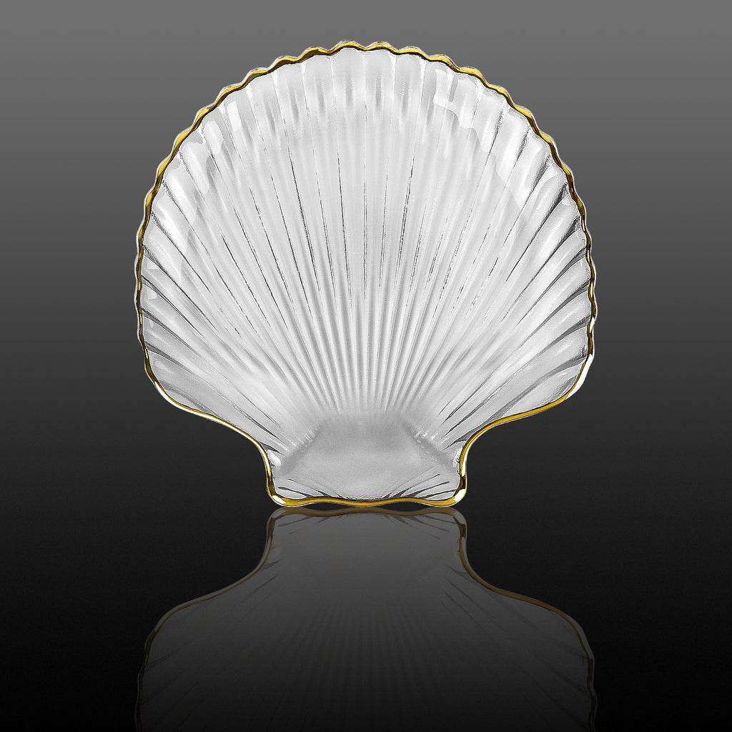 Linkidea Clear Glass Soap Dish Tray with Gold Trim, Elegant Sea Shell Design for Bathroom Decor, Cleanser Holder for Vanity, Countertop, Sink