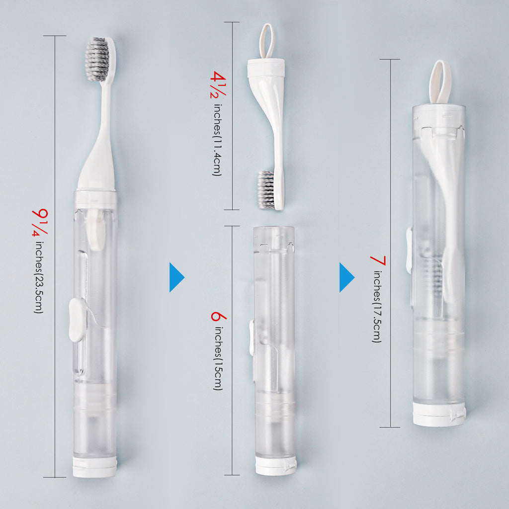 Linkidea 2 in 1 Portable Toothbrush Built-in Tube, Refillable Toothpaste Container Case, Travel Fold Kit with 2 Replace Head and 2 Cleaning Brushes (Blue, White)