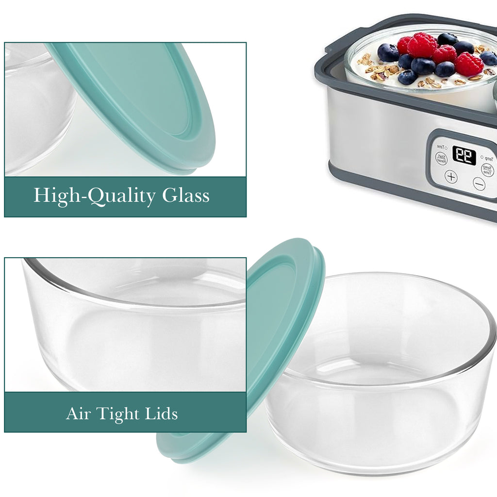 Linkidea 2 Pack Yogurt Container, 31.7 oz Round Glass Storage Bowl with Lid, Air Insulated Meal Prep Containers for Yogurt, Exact Size Compatible with Ultimate Probiotic Yogurt Maker