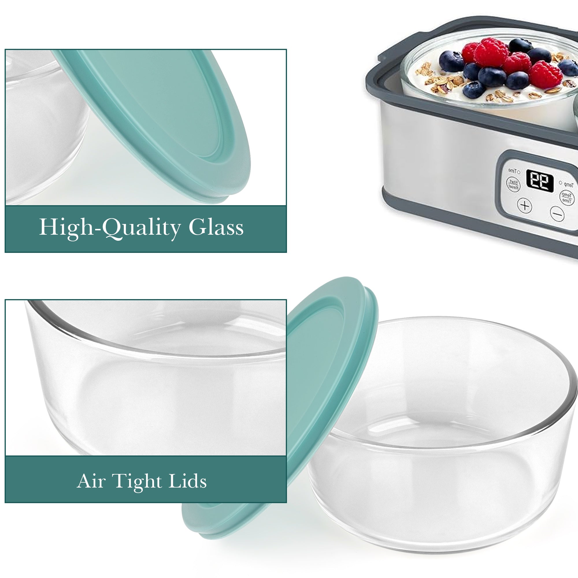 Linkidea 2 Pack Yogurt Container, 31.7 oz Round Glass Storage Bowl with Lid, Air Insulated Meal Prep Containers for Yogurt, Exact Size Compatible with Ultimate Probiotic Yogurt Maker