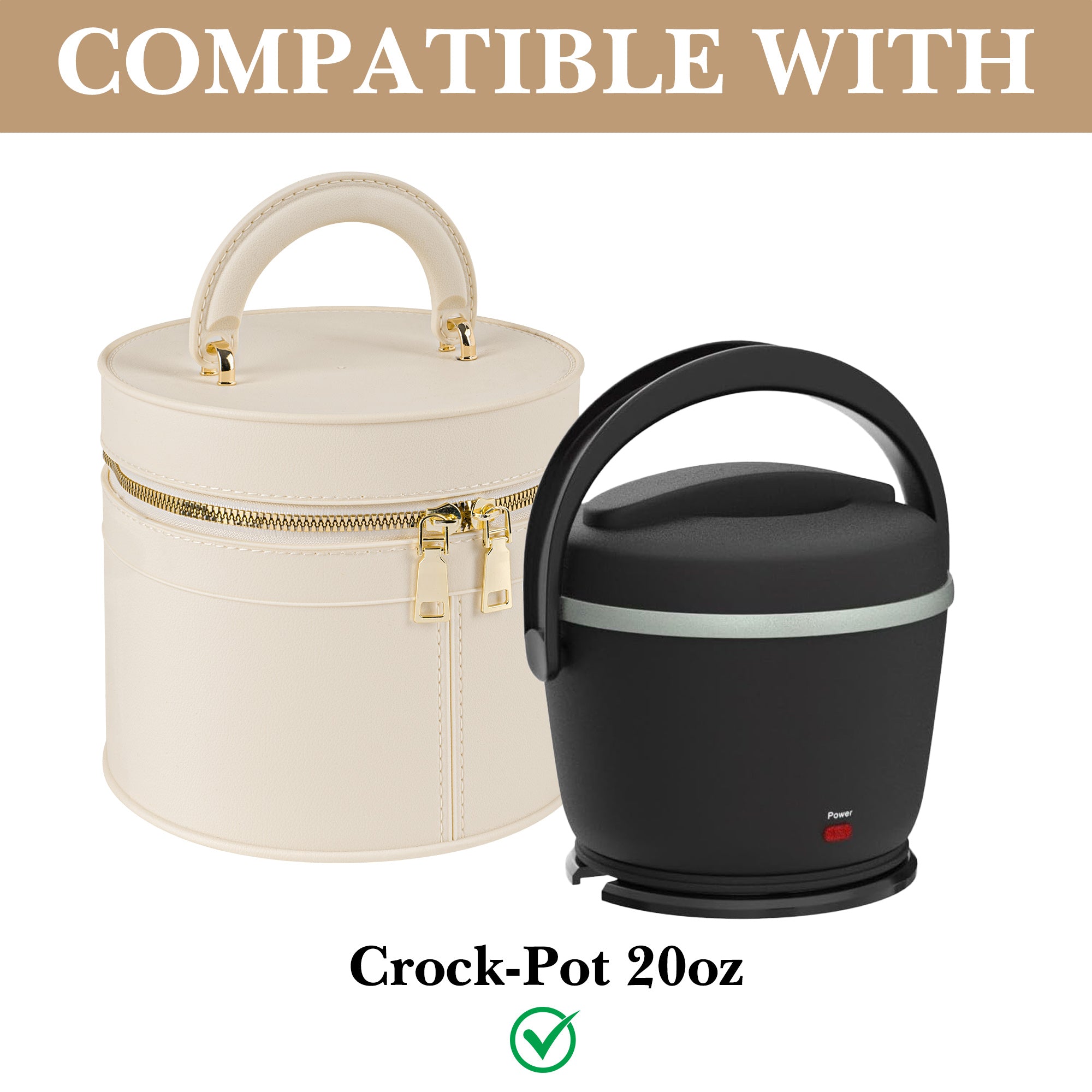 Linkidea Round Insulated Lunch Box, Hard Shell Waterproof Lunch Storage Box with Hand Strap, Compatible with 20 oz Crock Pot (Beige)