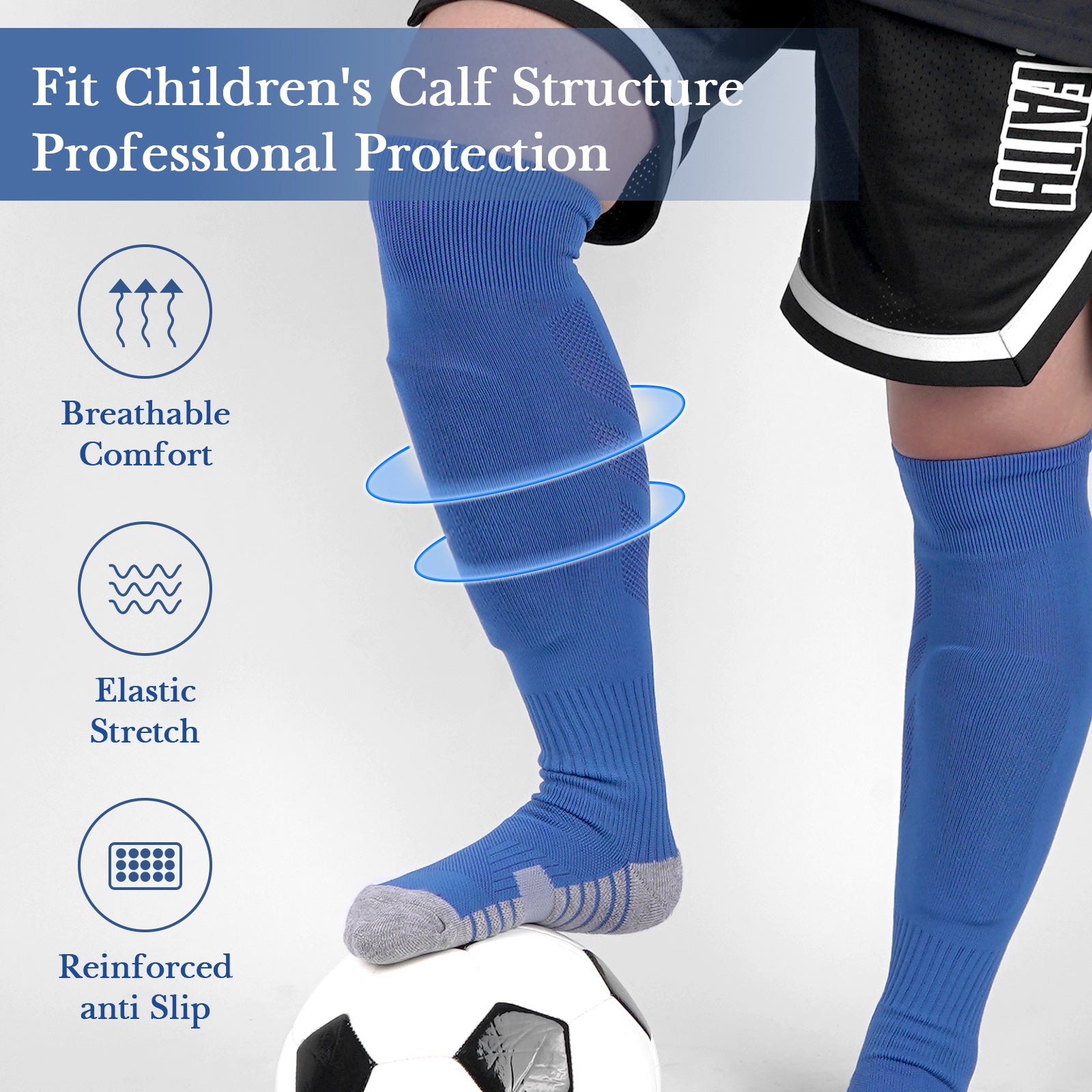 Linkidea Kids Soccer Socks with Shin Guards, 2 Pairs Breathable Knee High Socks with Lightweight Shin Pads, Long Sleeve Cushion Socks for Child 4-6 Years Over the Calf Soccer Socks (Blue, S)