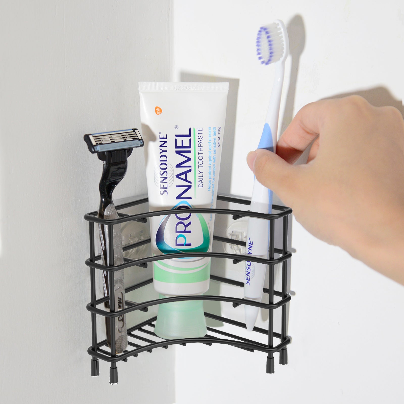 Linkidea Corner Wall Mount Toothbrush Holders for Bathroom, Stainless Steel Self Adhesive Triangle Corner Shower Shelf for Tile Walls, Electric Toothbrush Toothpaste Organizer (Black)