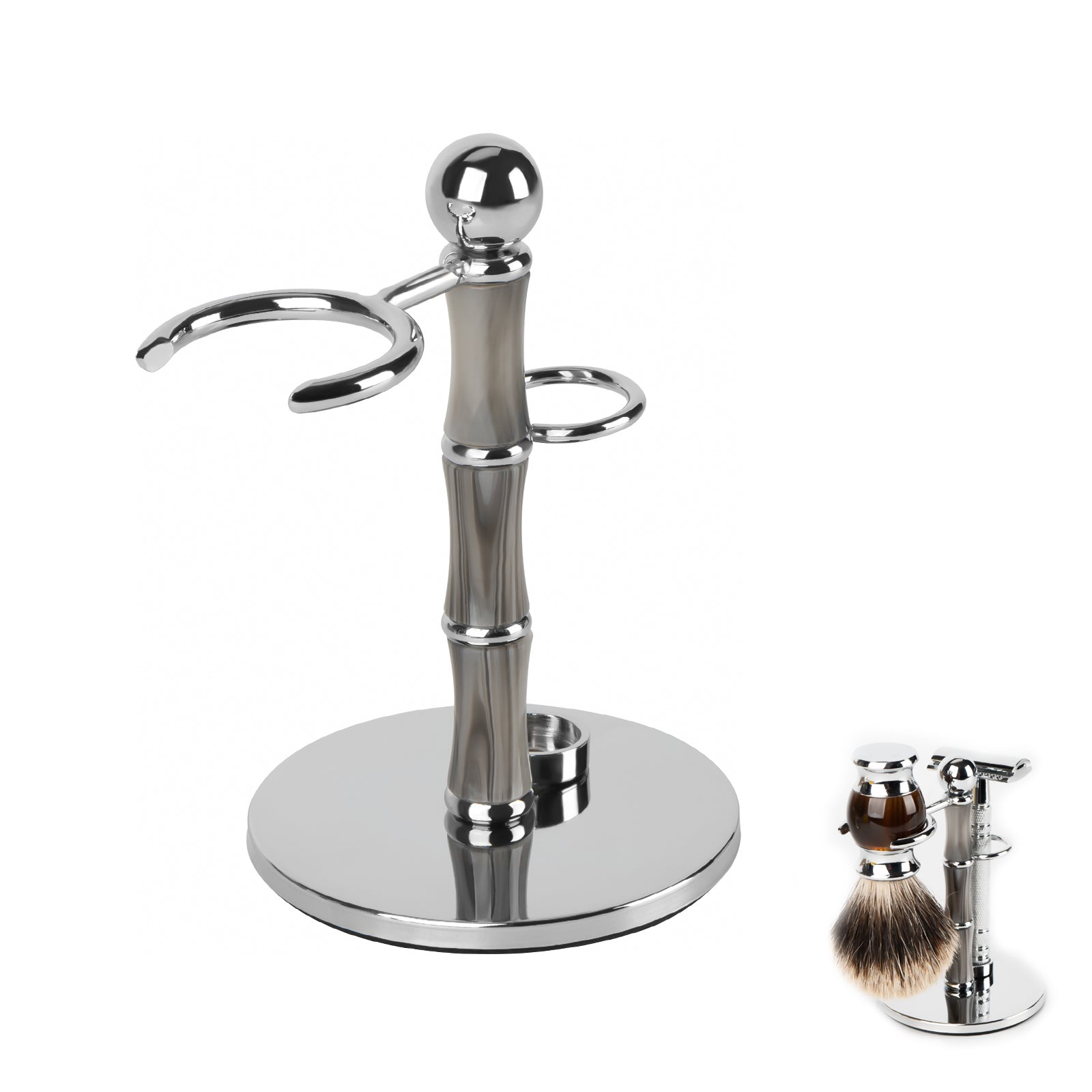Linkidea Stainless Steel Razor Stand and Brush Holder with Non-Slip Base, Creative Bamboo Style Safety Shaver Organizer Compatible with Vikings Blade Chieftain, Odin (Grey)