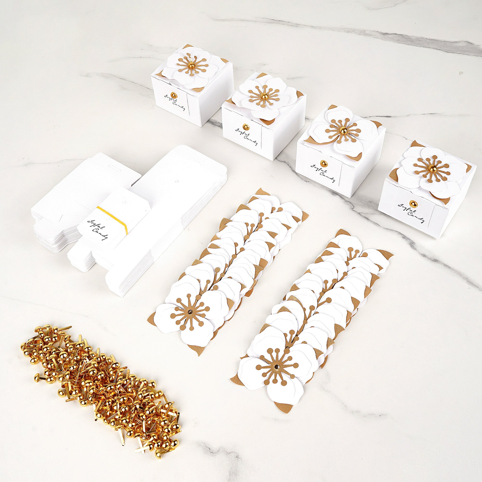 Linkidea 20 Pcs White Floral Folding Candy Gift Boxes 2.55" x 2.55" x 1.77" for Wedding Favors, Elegant Party Thank You Boxes with Tags