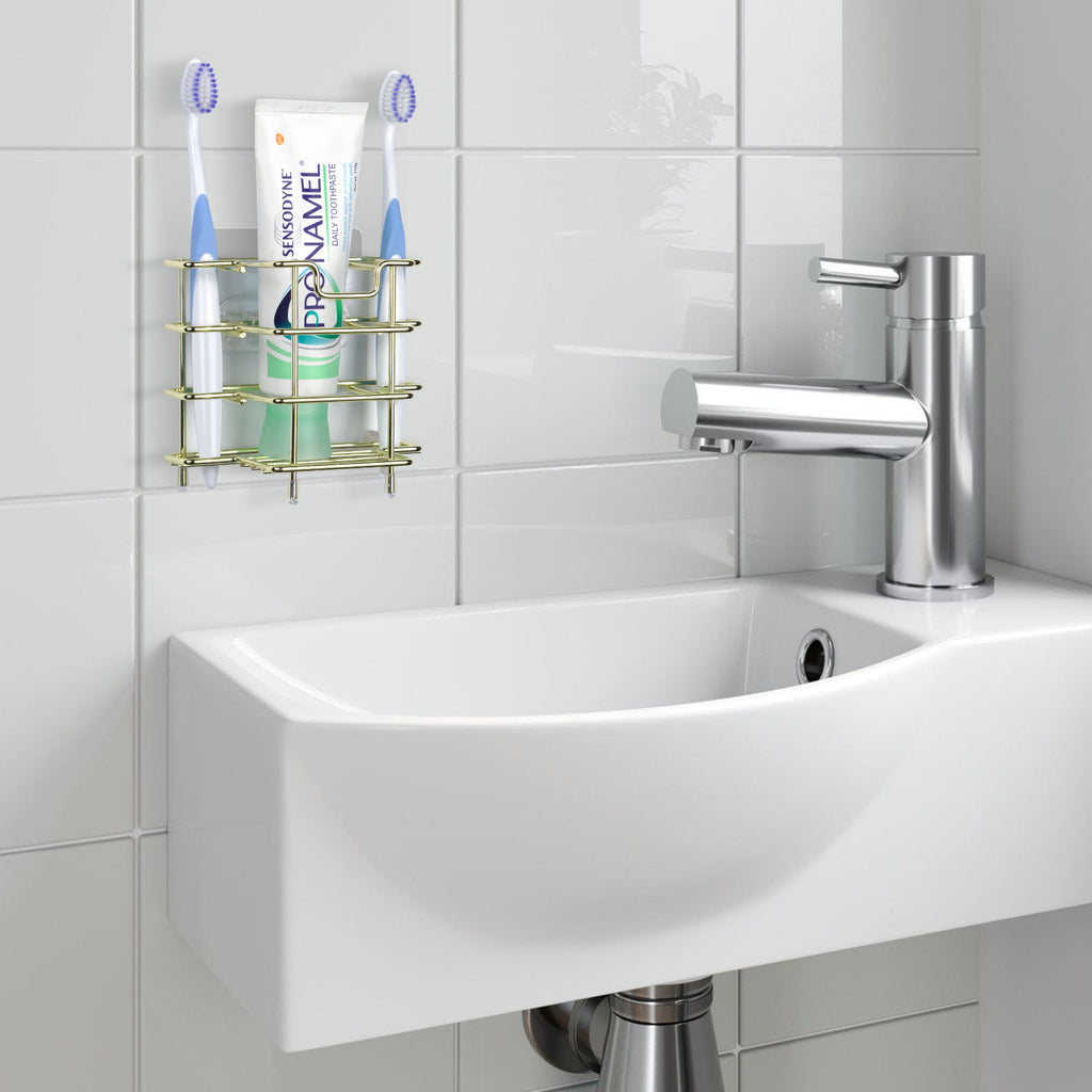 Linkidea Wall Mount/Countertop Toothbrush Holder for Shower, Stainless Steel Toothpaste Stand, 3 Slots Organizer Compatible with Colgate Extra Clean, Oral-B CrossAction (Gold)