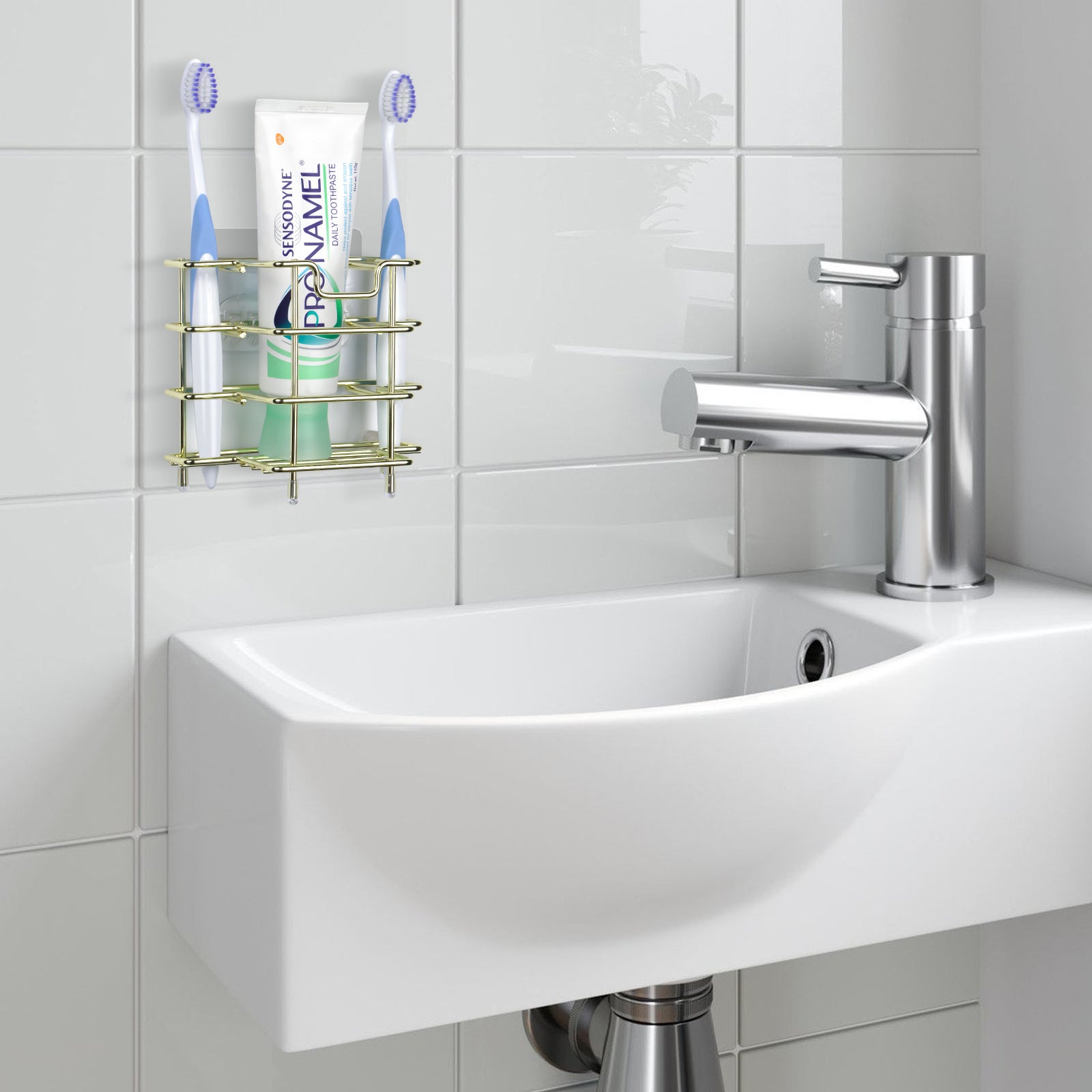 Linkidea Wall Mount/Countertop Toothbrush Holder for Shower, Stainless Steel Toothpaste Stand, 3 Slots Organizer Compatible with Colgate Extra Clean, Oral-B CrossAction (Gold)
