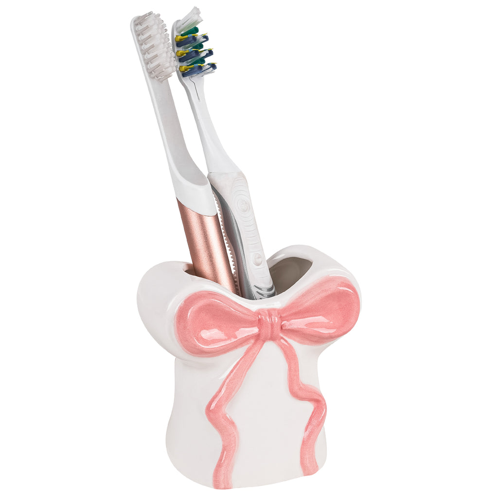 Linkidea Countertop Toothbrush Holder for Bathroom, Ceramic Personalized Bowtie Stand for Manual Toothbrush, Vanity Organizer Compatible with Oral-B CrossAction, Philips Sonicare One
