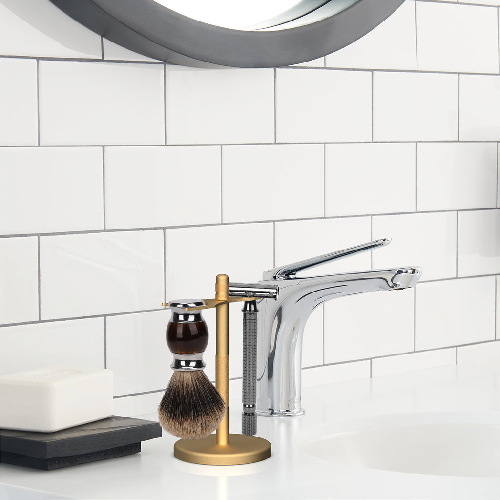 Linkidea Safety Razor Stand, Bathroom Organizer Compatible with Vikings Blade Chieftain, Merkur 34C/38C, Rockwell 6S/6C, Henson AL13, Quick Drying Shaving Accessories Holder (Gold)