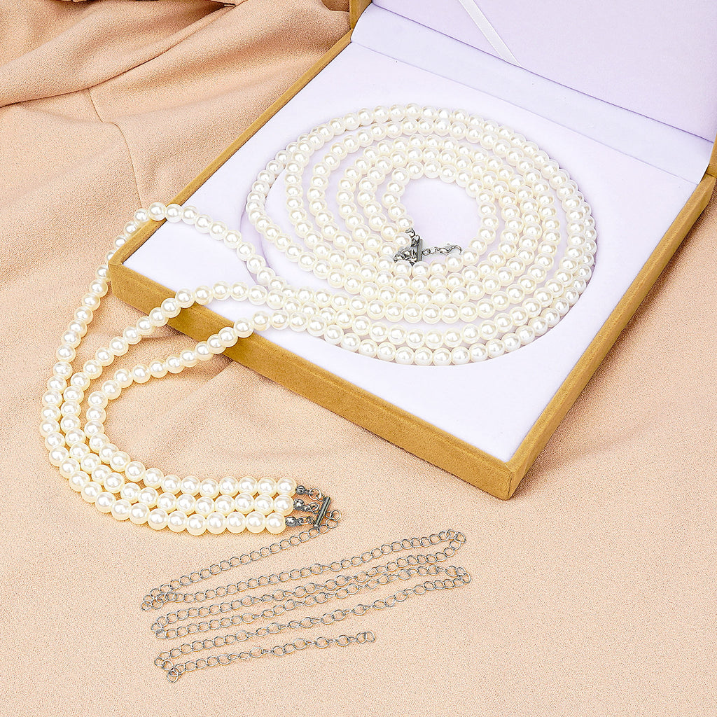 Plus Size Chain Belt for Women, 3 Layers White Pearl Waist Chains, Extra Large Body Chain, 33.4-59 Inch Adjustable Chunky Belt Chain