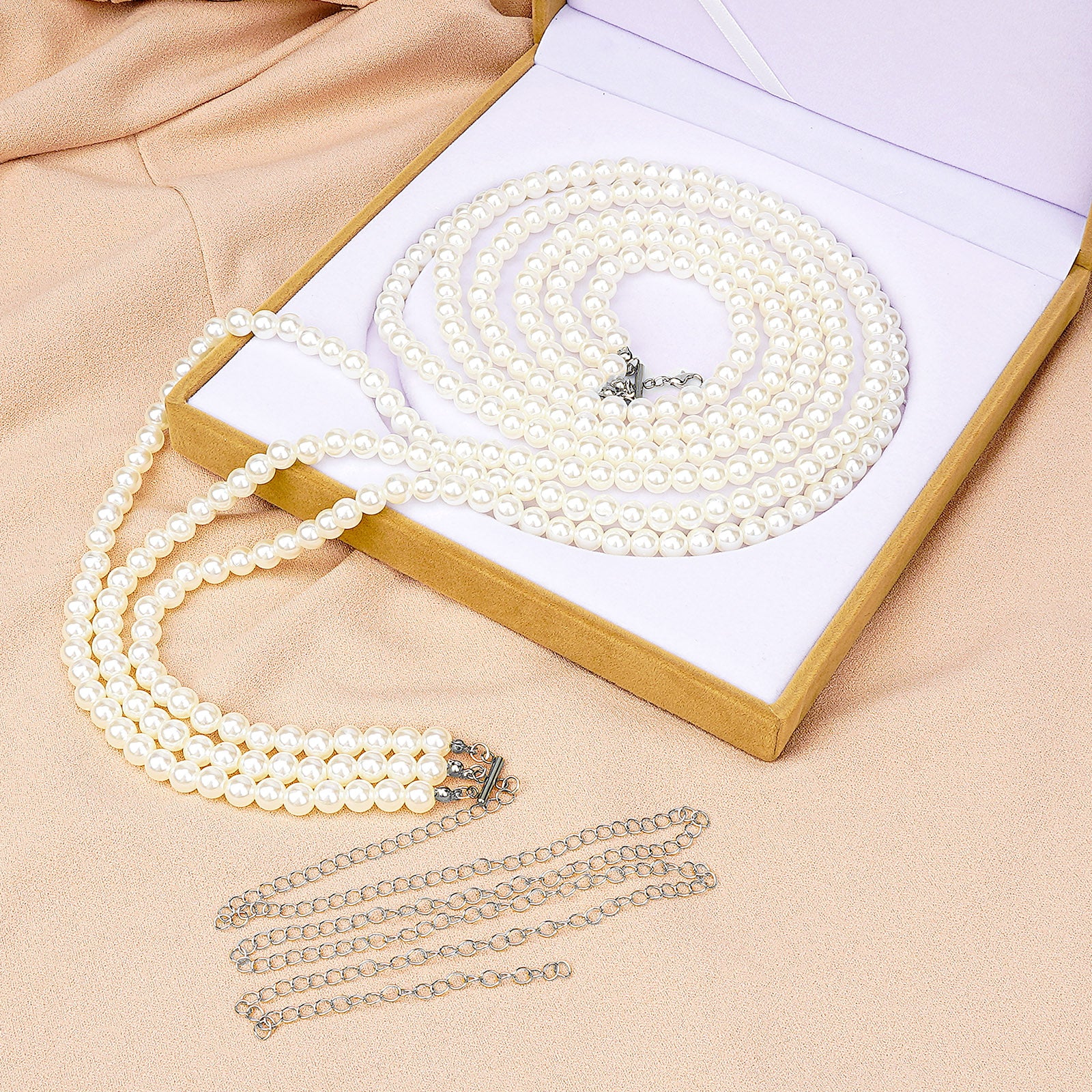 Plus Size Chain Belt for Women, 3 Layers White Pearl Waist Chains, Extra Large Body Chain, 33.4-59 Inch Adjustable Chunky Belt Chain