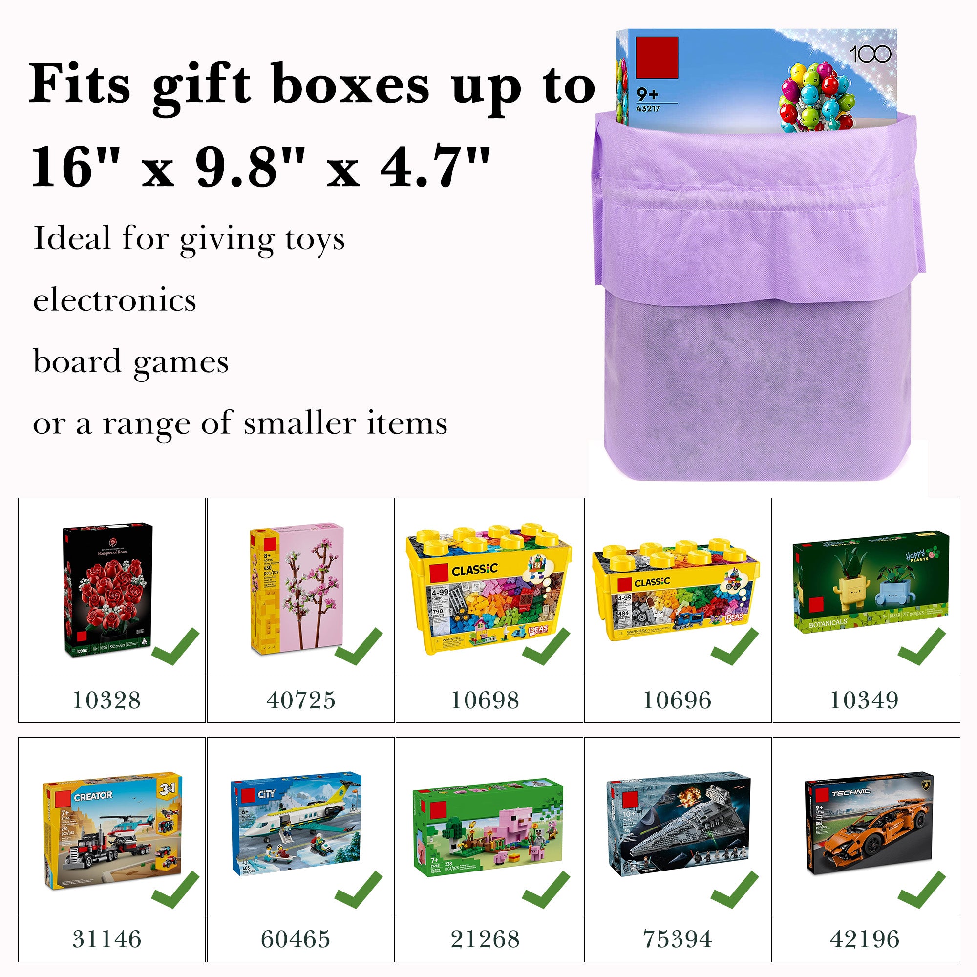 Linkidea 4 Pack Reusable Drawstring Gift Bags, Fabric Party Favor Bags for Birthday, Christmas & Holiday, Toy Storage Pouch for Building Blocks, Bricks & Goodie Bags (Purple)