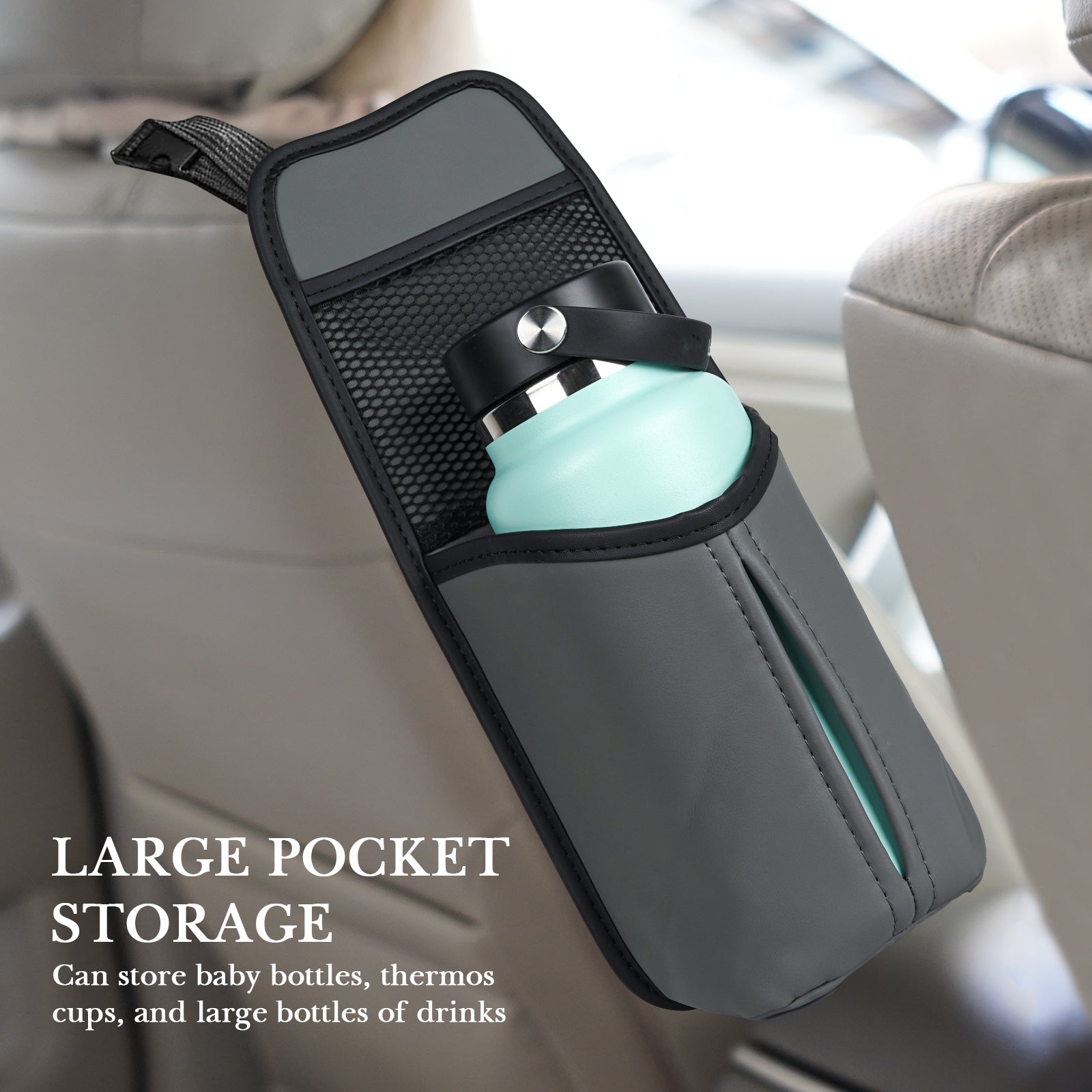 Linkidea Car Seat Side Water Bottle Organizer Compatible with YETI Rambler Bottle 26oz/36oz, Owala FreeSip 32oz/40oz, Vehicle Seat Side Storage Hanging Bag Holder for Large Bottles, Grey