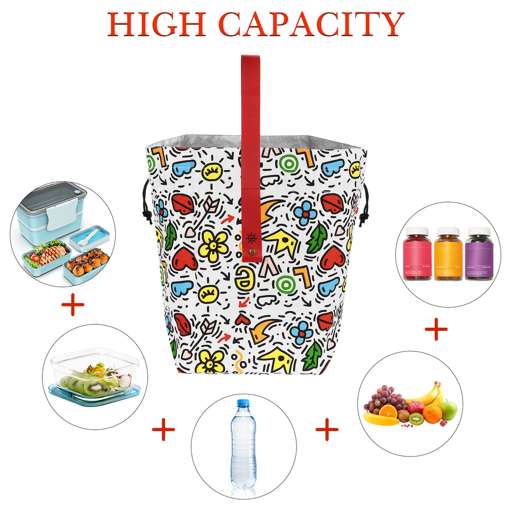 Linkidea Cute Lunch Bag, Drawstring Lunch Bag with Handle, Women Lunch Bags for Work Picnics Ourdoor Travel, Compatible with Bentogo, LunchBots, EasyLunchboxes (White)