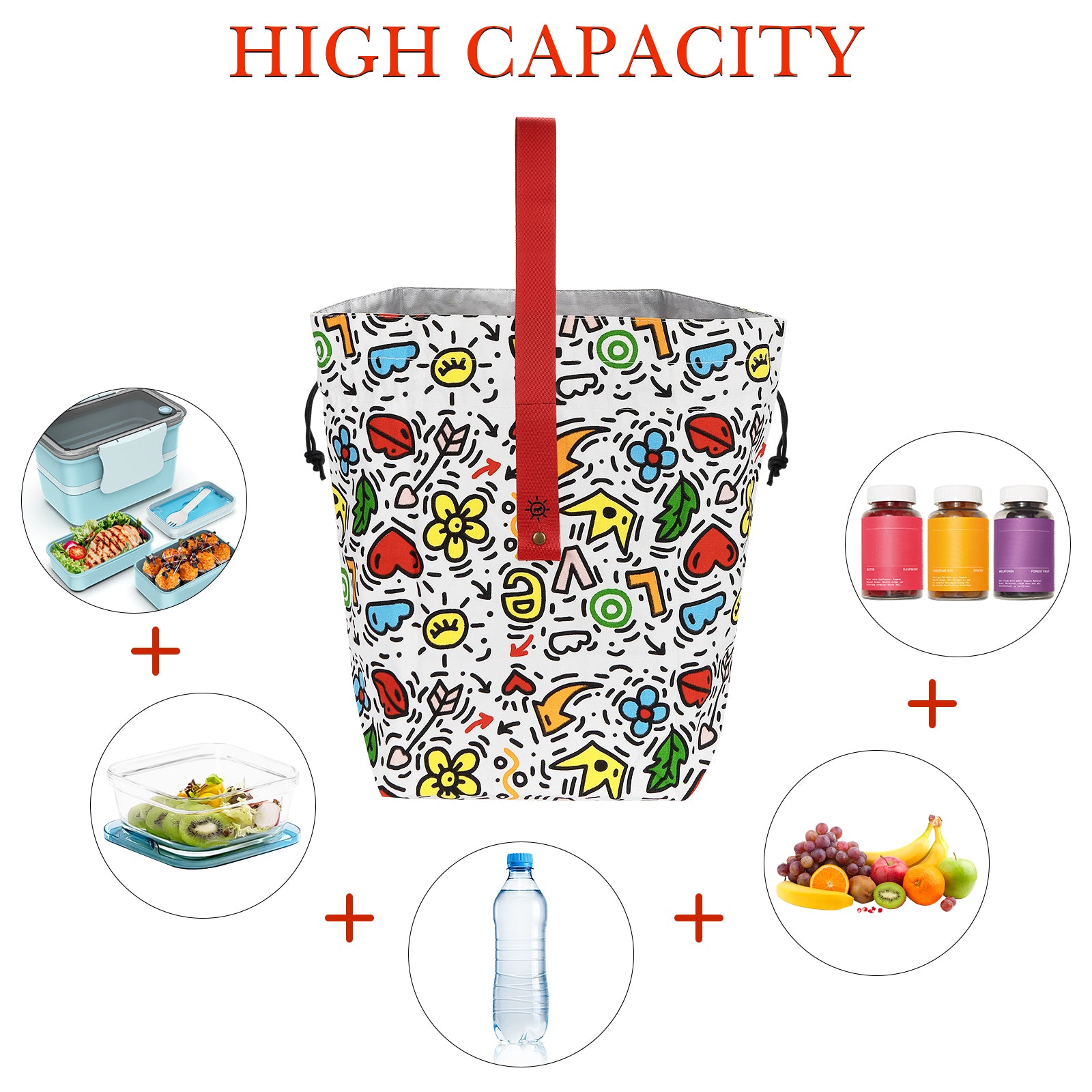 Linkidea Cute Lunch Bag, Drawstring Lunch Bag with Handle, Women Lunch Bags for Work Picnics Ourdoor Travel, Compatible with Bentogo, LunchBots, EasyLunchboxes (White)