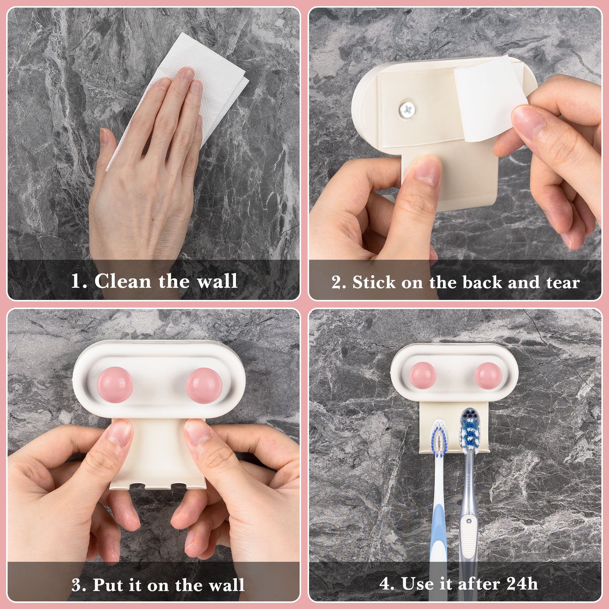 Linkidea 2 Pack Wall Mount Toothbrush Holder for Bathroom, 2 Slots Self Adhesive Iron Brush Hanger Compatible with Oral-B CrossAction, Colgate ExtraClean(Pink Dot)