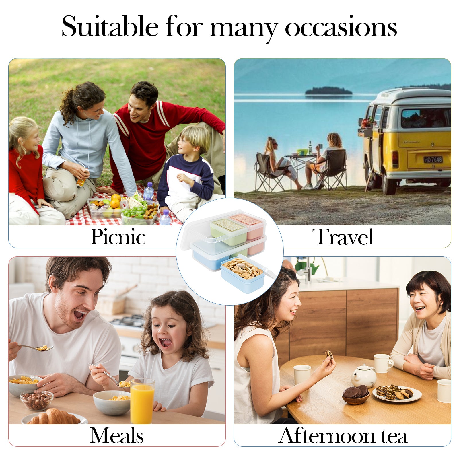 Linkidea 4 Set Snack Containers with 3 Removable Compartments, Reusable Food Prep Storage Box with Lids, Safe in Refrigerators, Microwaves, Dishwashers