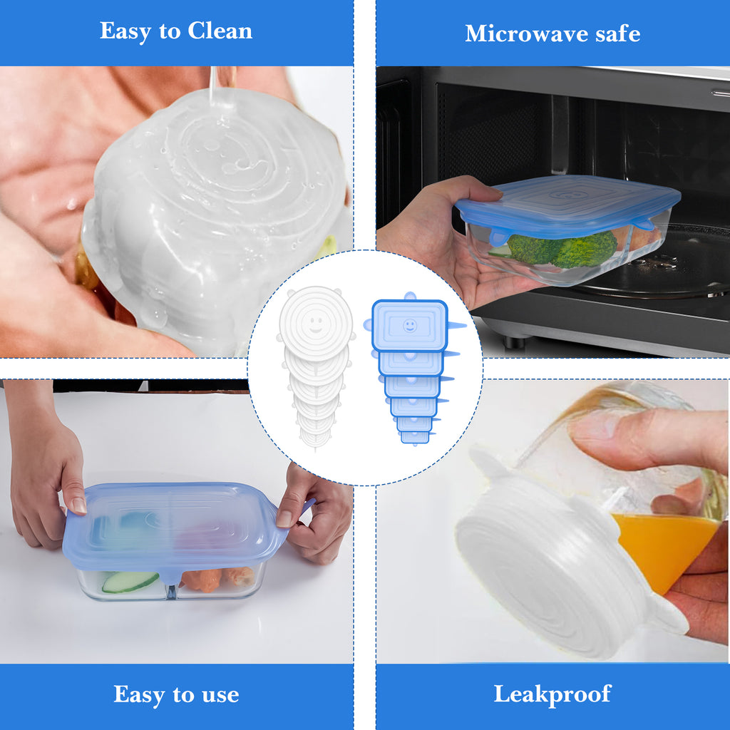 Linkidea 12 Pcs Silicone Stretch Lids, Flexible Round & Rectangle Fit 2.6\" - 8.1\", Stretchy Silicone Lids for Food Storage, Different Sizes Reusable Silicone Bowl Covers (Blue & White)