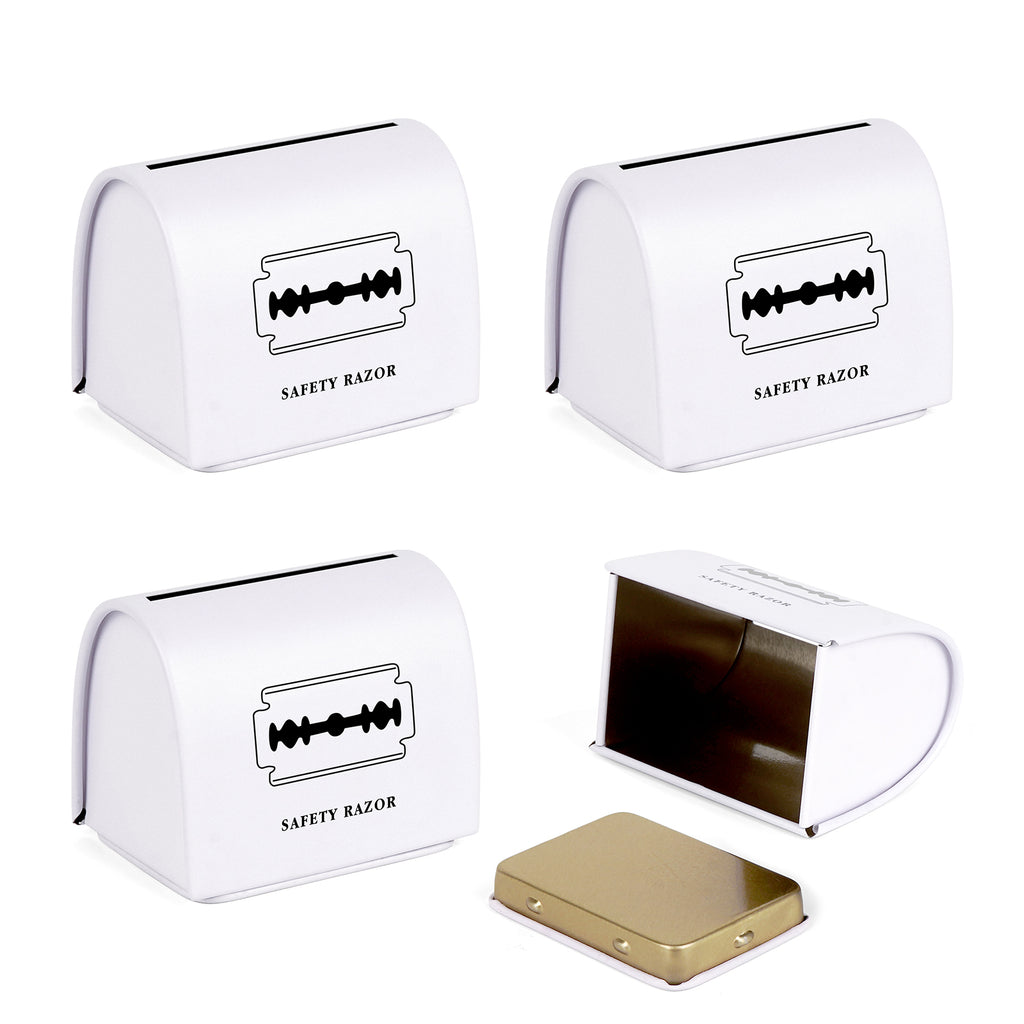 Linkidea 4 Pack Safety Razor Blade Bank, Tin-Plated Metal Blade Disposal Container for Used Double Edge Blades, Recyclable Storage for Bathroom & Travel (White)