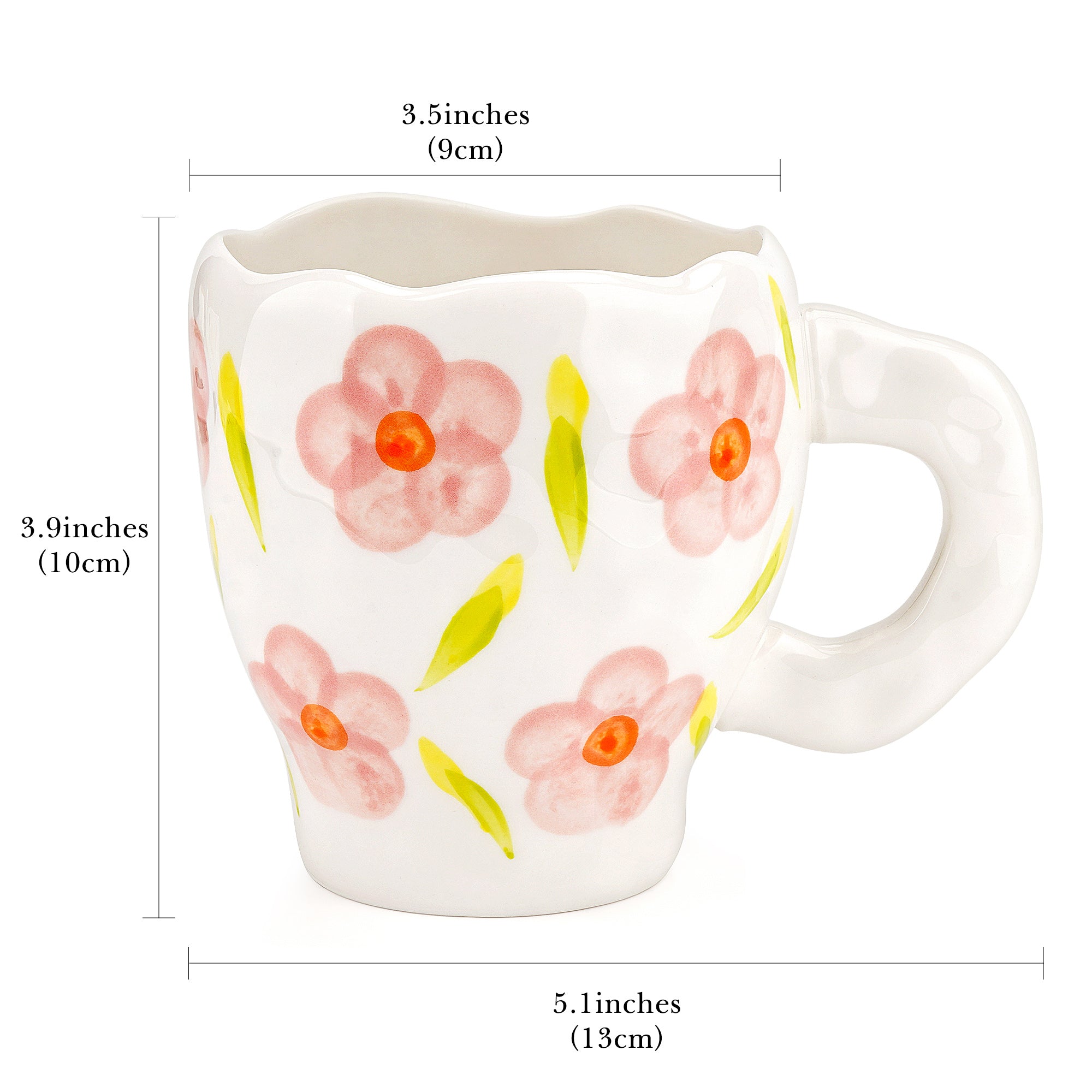 Linkidea Ceramic Coffee Mug, 12oz/350ml Hand-Painted Irregular Coffee Cup, Novelty Teacups with Handles for Beer, Latte, Hot Cocoa, Microwave and Dishwasher Safe (Pink Flower)