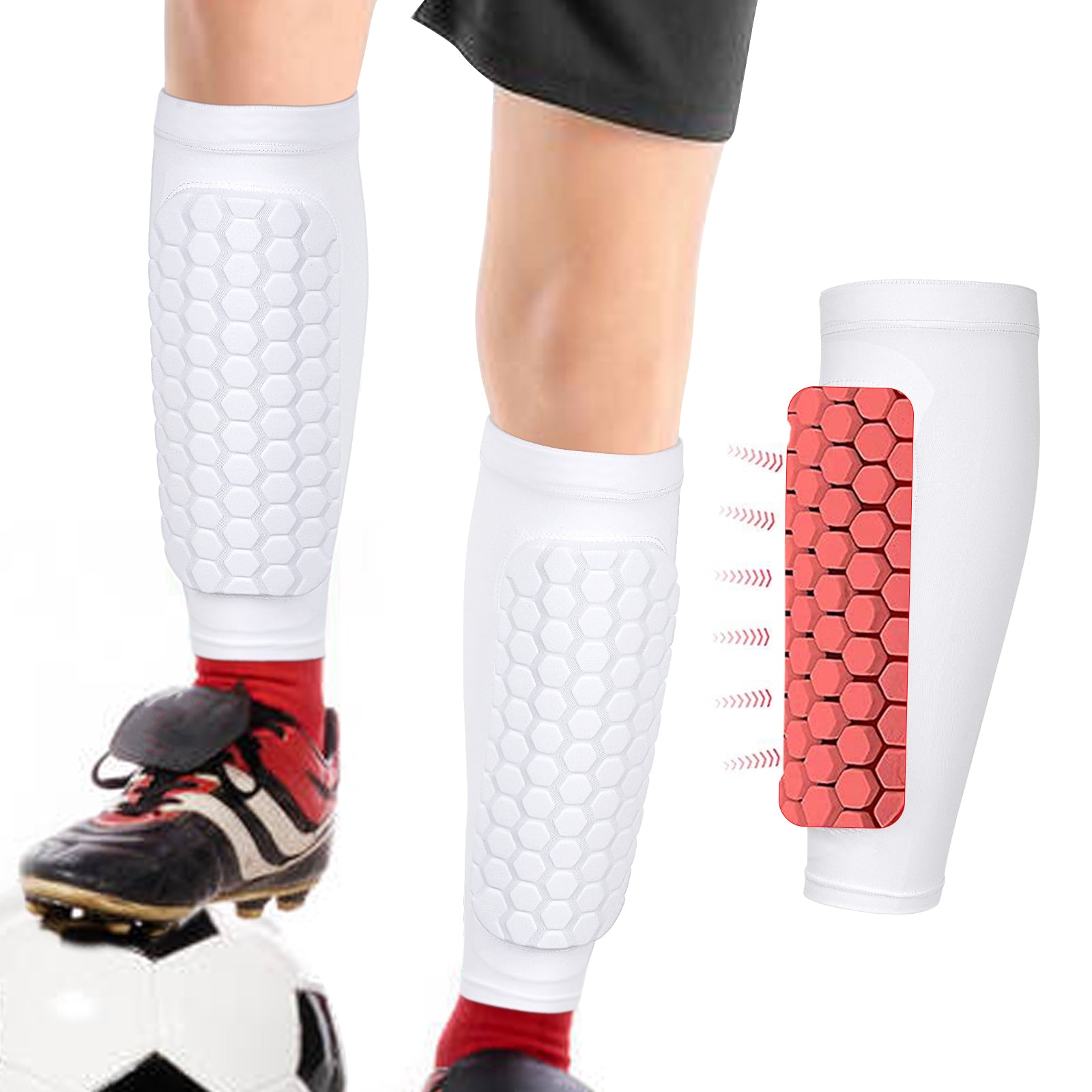 Linkidea Honeycomb Soccer Shin Guard for Adult, Lightweight Football Shin Pad Sleeve, Breathable and Easy to Put On Soccer Protective Leg Pads (1 Pair / White, XXL)