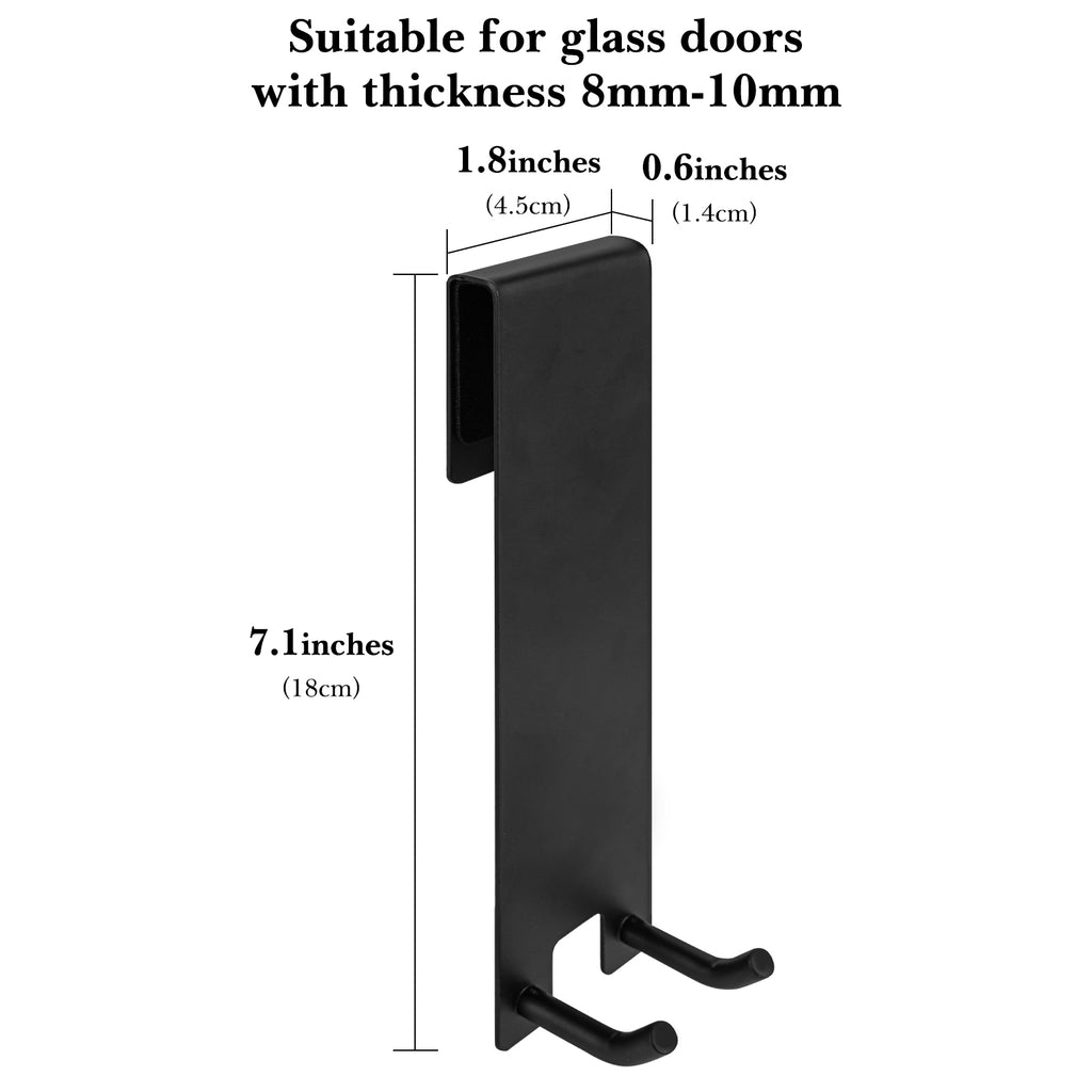 Linkidea 2 Pack Over Door Hook, 7" Stainless Steel Extend Hook for Shower, Bathroom Hanger with Non-Slip Sponge Pad for Frameless Glass Doors (Black)