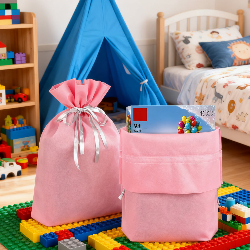 Linkidea 4 Pack Reusable Drawstring Gift Bags, Fabric Party Favor Bags for Birthday, Christmas & Holiday, Toy Storage Pouch for Building Blocks, Bricks & Goodie Bags (Pink)