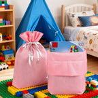 Linkidea 4 Pack Reusable Drawstring Gift Bags, Fabric Party Favor Bags for Birthday, Christmas & Holiday, Toy Storage Pouch for Building Blocks, Bricks & Goodie Bags (Pink)