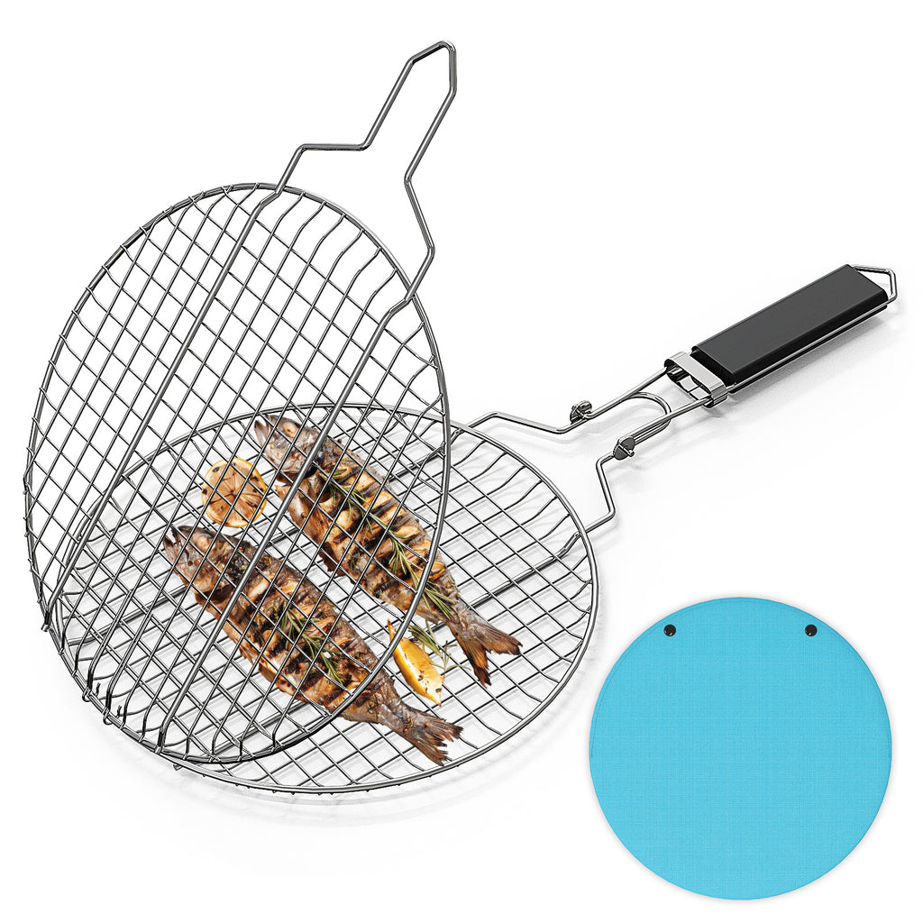 Linkidea Round Portable BBQ Grill Basket, Stainless Steel Fish Grill Rack with Removable Secure Locking Handle, Grill Accessories for Outdoor Grill Vegetables Fishes Shrimp