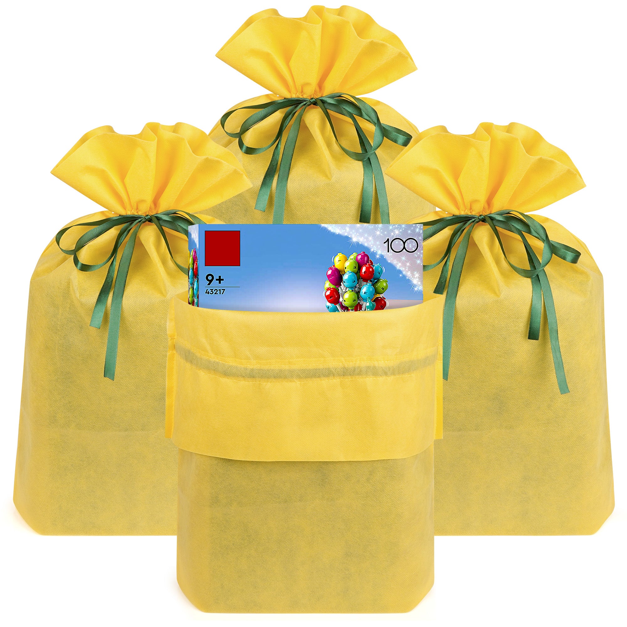 Linkidea 4 Pack Yellow Reusable Drawstring Gift Bags, Fabric Party Favor Bags for Birthday, Christmas, Holiday, Toy Storage Pouch for Building Blocks, Bricks, Goodie & Treat Bags (Yellow)
