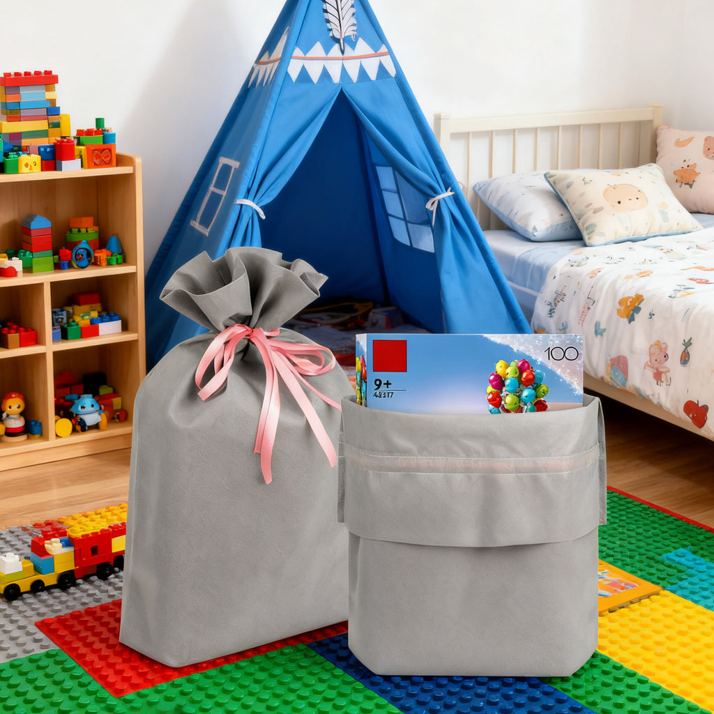 Linkidea 4 Pack Reusable Drawstring Gift Bags, Fabric Toy Storage Pouch for Building Blocks & Bricks, Party Favor Bags for Birthday, Christmas, Multi-Purpose Present Storage Bags (Grey)