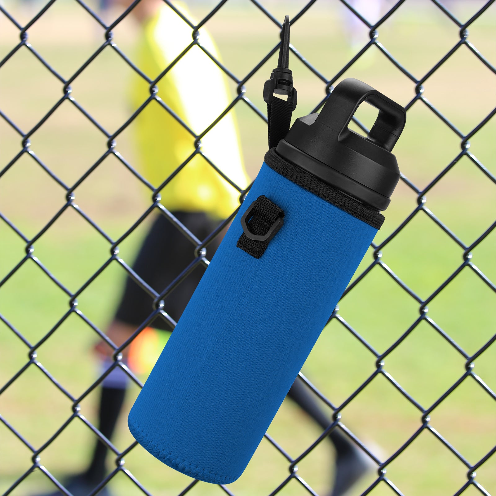 Linkidea Water Bottle Fence Sleeve with Hook Compatible with YETI Rambler Bottle 18oz, Hydro Flask Wide Mouth Bottle 18oz/20oz, Neoprene Bottle Shoulder Strap Bag for Outdoor Sports, Blue