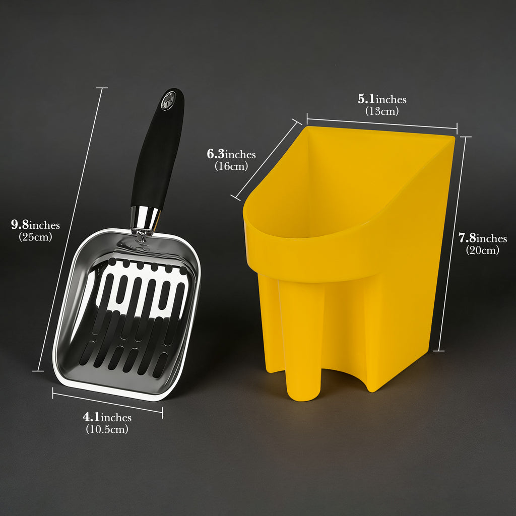 Linkidea Cat Litter Scooper with Holder, Stainless Steel Heavy Duty Metal Litter Scoop with Container, Fast Sifting for Clumping Litter for Easy and Efficient Cleaning