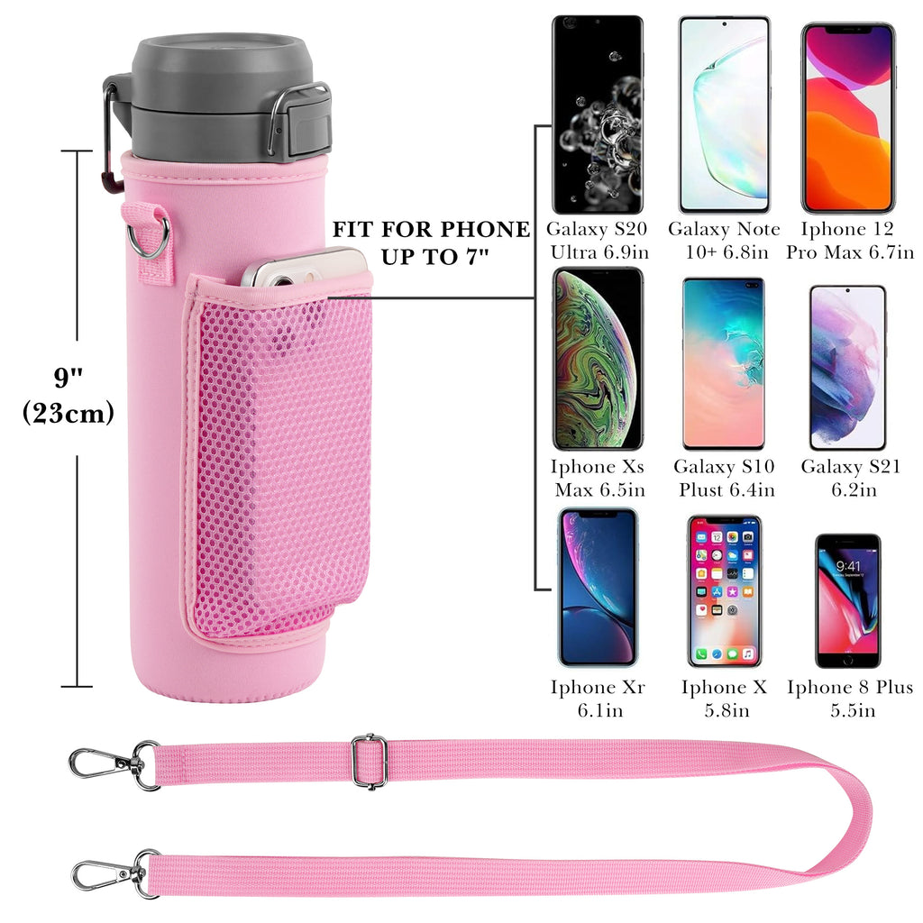 Linkidea Water Bottle Carrier with Strap Compatible with Stanley Quick Flip GO 24/36oz, IceFlow Fast Flow 24/36oz, Waterbottle Sling Bag Holder, Shoulder Strap with Phone Mesh Pocket, Pink