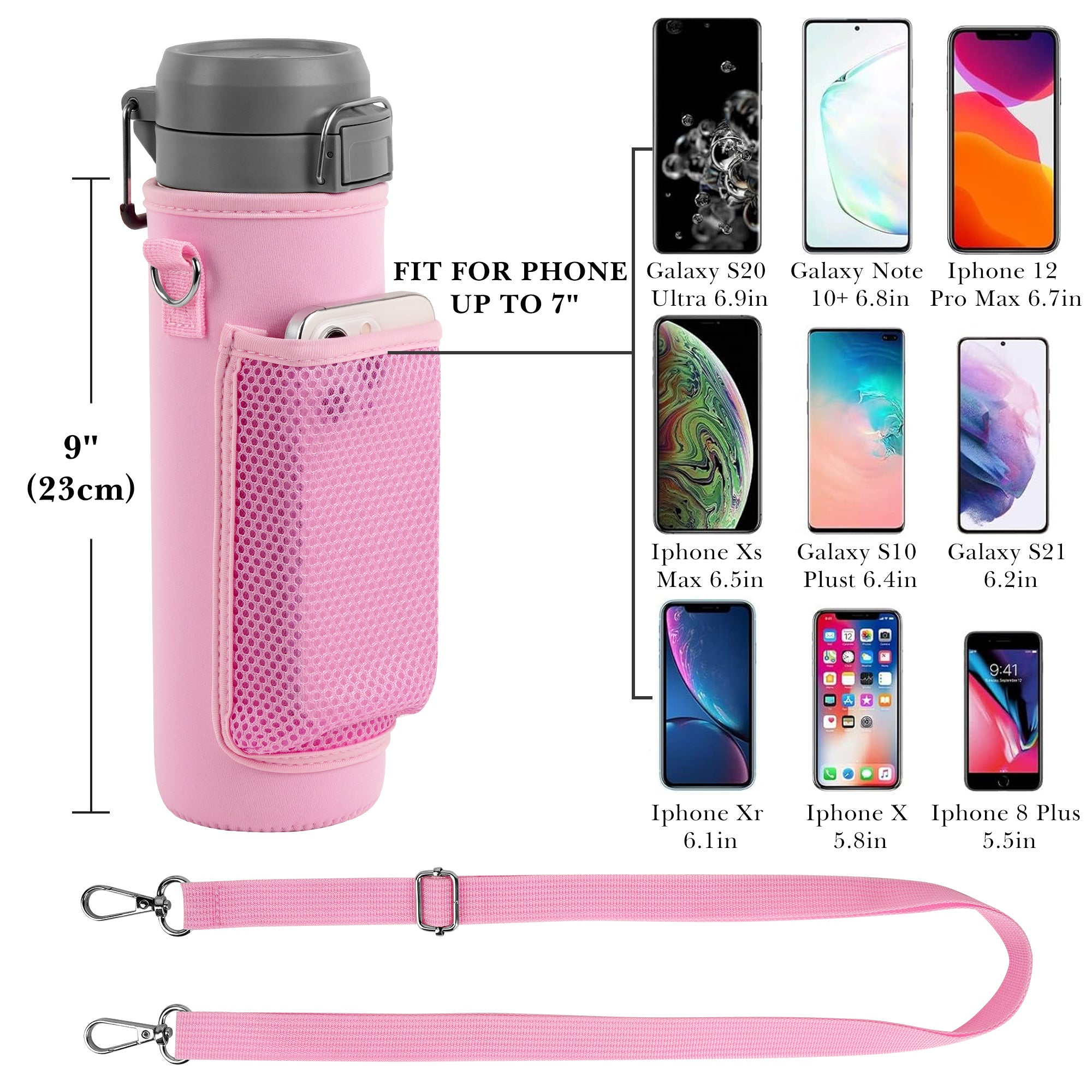 Linkidea Water Bottle Carrier with Strap Compatible with Stanley Quick Flip GO 24/36oz, IceFlow Fast Flow 24/36oz, Waterbottle Sling Bag Holder, Shoulder Strap with Phone Mesh Pocket, Pink