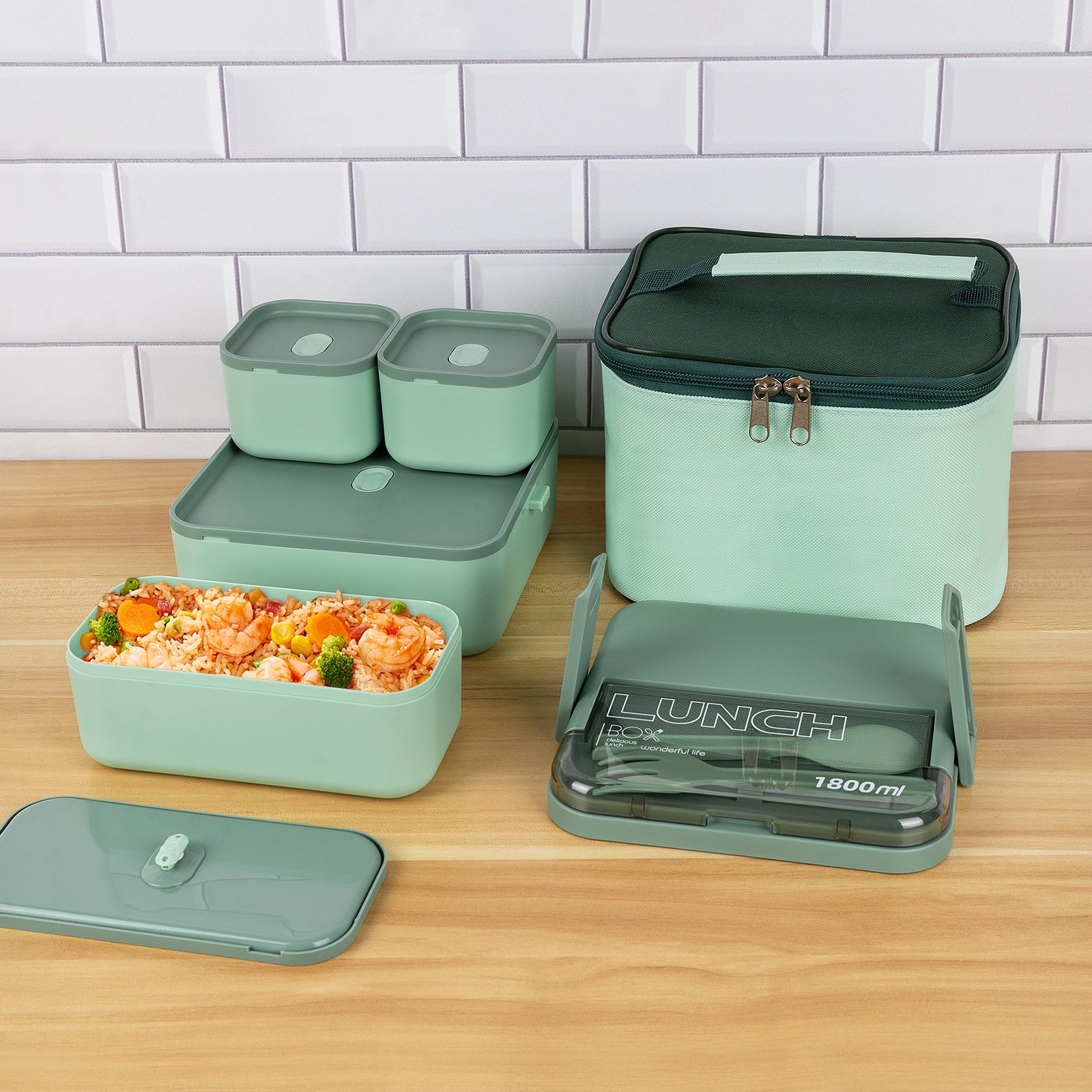 Linkidea Bento Box with Lunch Bag, Reusable Food Container with Double Layer Multi Compartment and Flatware, Food Box with Leak-Proof Cover Fit to Microwave/Dishwasher/Freezer Safe (1800ML, Green)