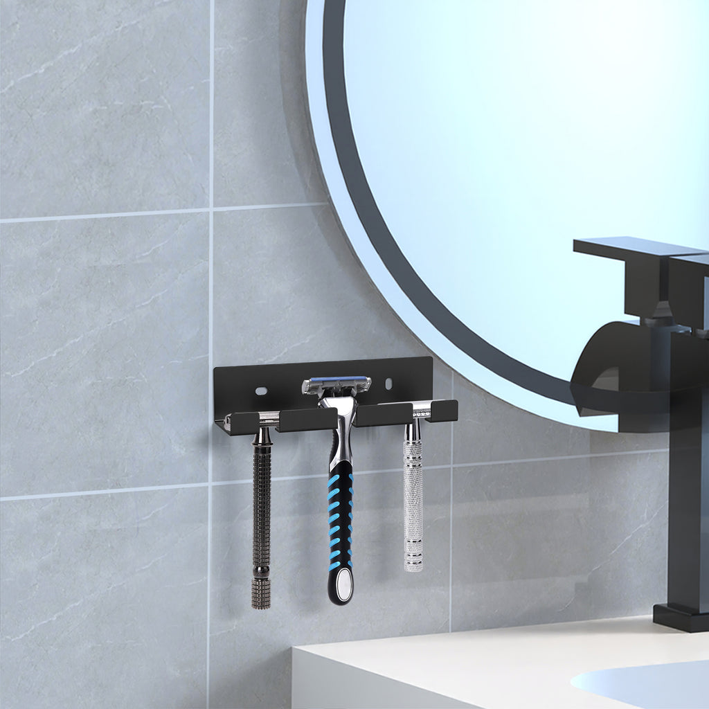 Linkidea 2 Pack Wall Mount Shower Razor Holder, Self Adhesive Stainless Steel Shaver Holder, Shaving Stand for Bathroom, Compatible with Gillette Sensor 3, Dorco Pace 6 Pro (Black)