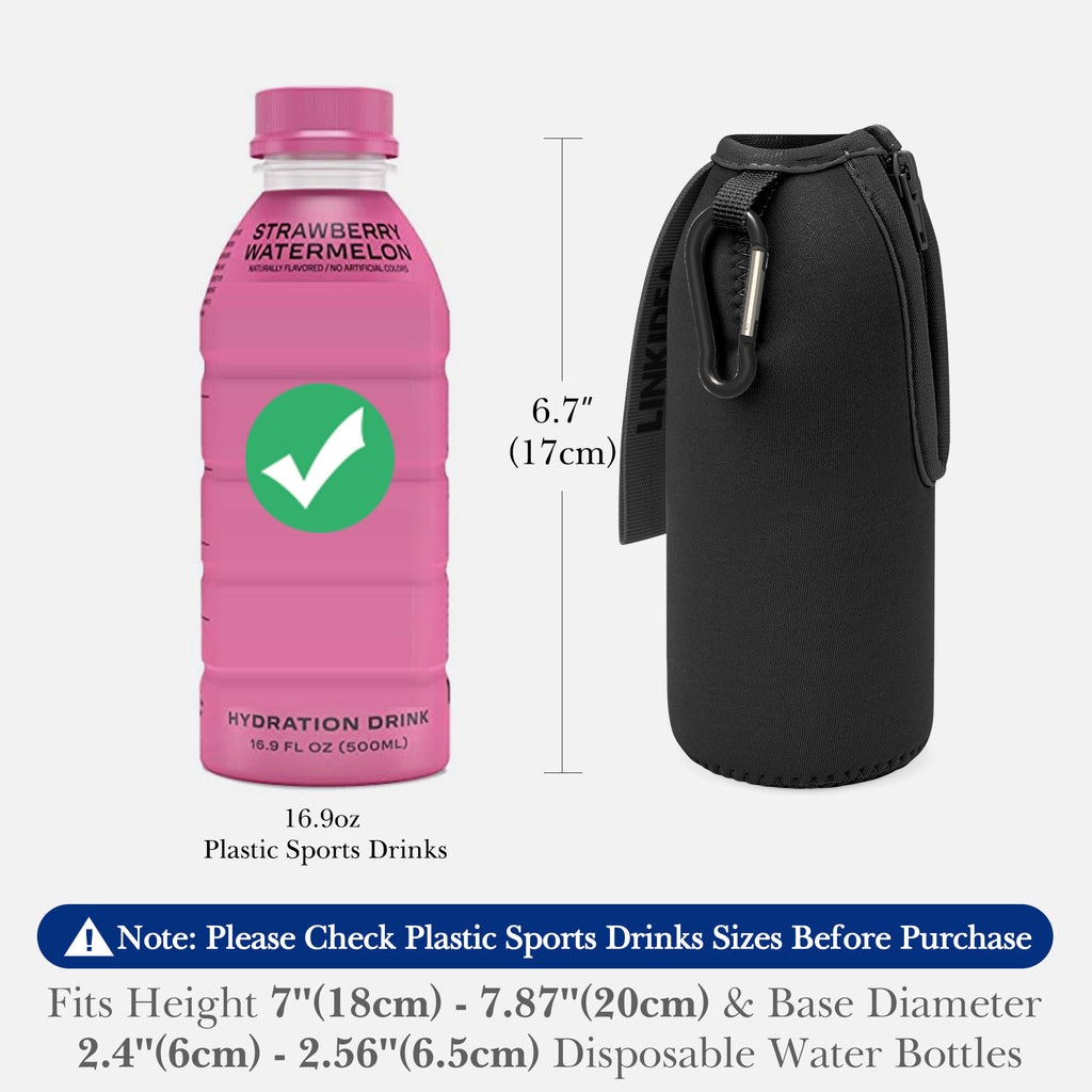 Linkidea Disposable Water Bottle Sleeve Compatible with 16.9Fl Oz PRIME Hydration, BODYARMOR, Gatorade Fit, Insulated Neoprene Plastic Sports Drink Cover with Lockable Zipper, Black