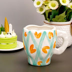 Linkidea Ceramic Coffee Mug, 12oz/350ml Hand-Painted Irregular Coffee Cup, Novelty Teacups with Handles for Beer, Latte, Hot Cocoa, Microwave and Dishwasher Safe (Green Heart Stripes)
