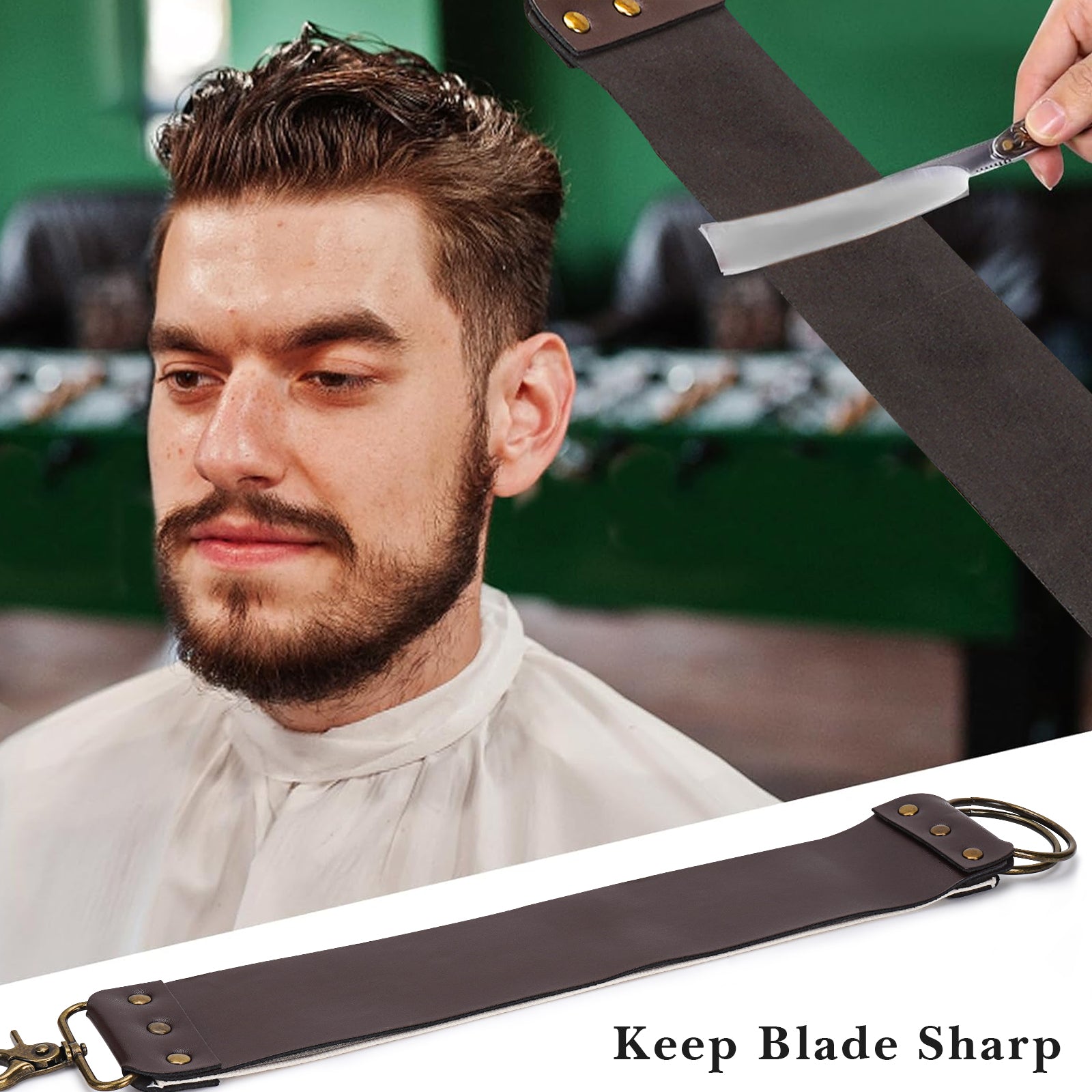 Linkidea Straight Razor Sharpening Strop, Dual-Sided Leather & Canvas Shaving Belt with Swivel Clasp for Barber & Home Use (Brown)