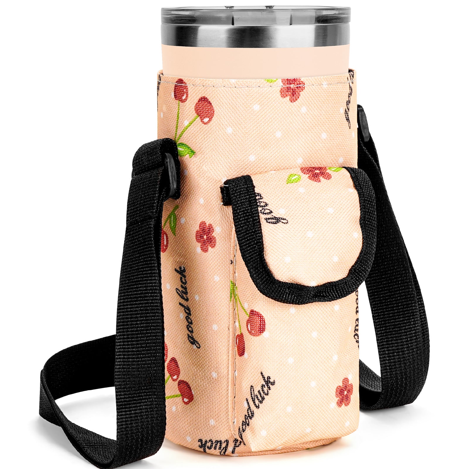 Linkidea Tumbler Carrier with Strap Compatible with YETI Rambler Tumbler 20oz, IRON °FLASK Classic Tumbler 2.0 20/24oz, Coffee Mug Sling Bag Holder, Shoulder Strap with Pocket, Cherry